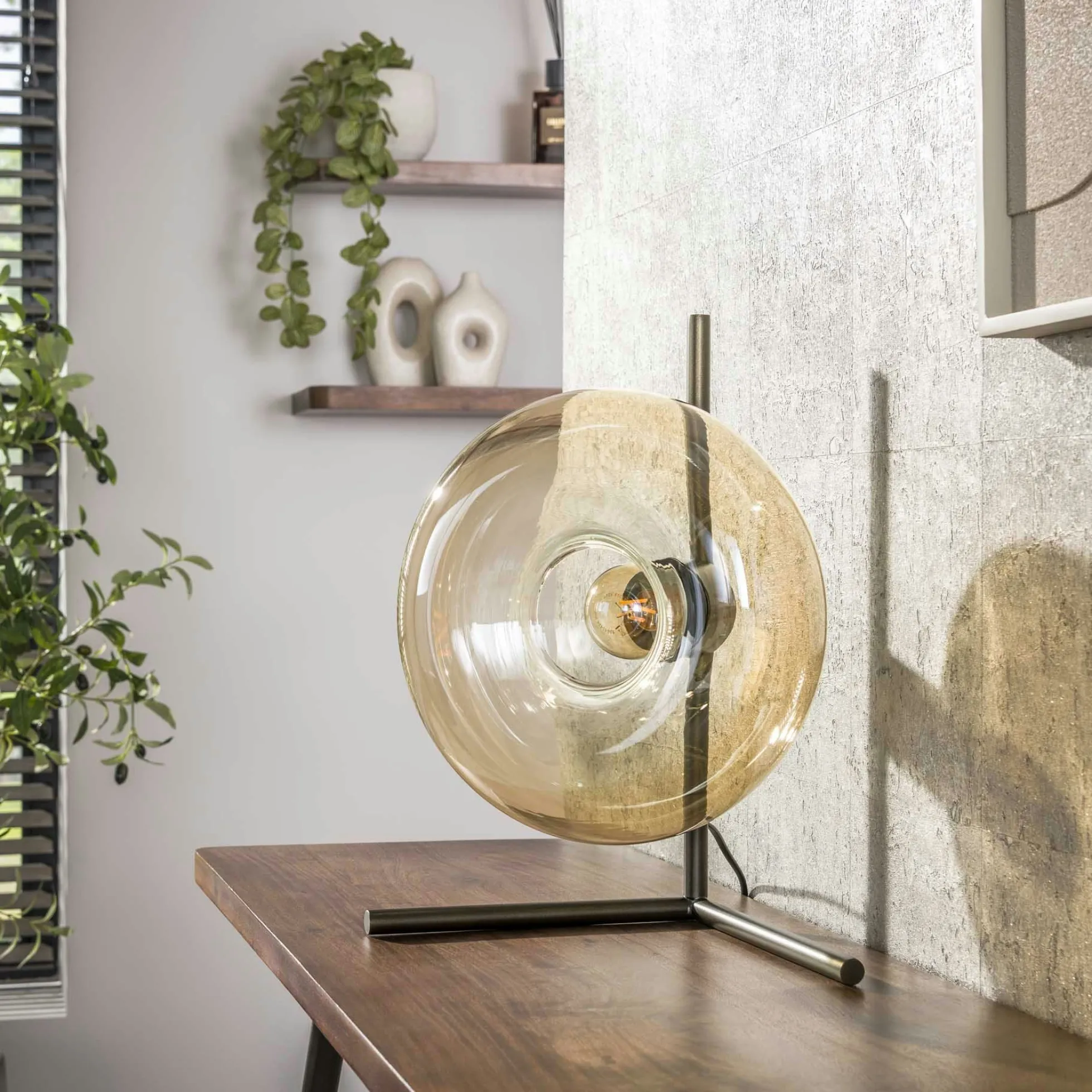 Lampe de table vintage anneau en verre ambré NIAGARA