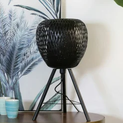 Lampe forme Pomme en bambou ajouré noir et pieds métal D33xH59cm