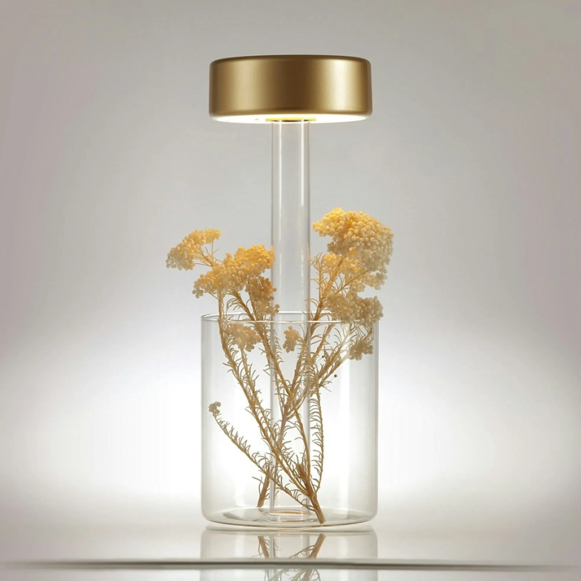 Lampe rechargeable dorée avec vase en verre design ALMA