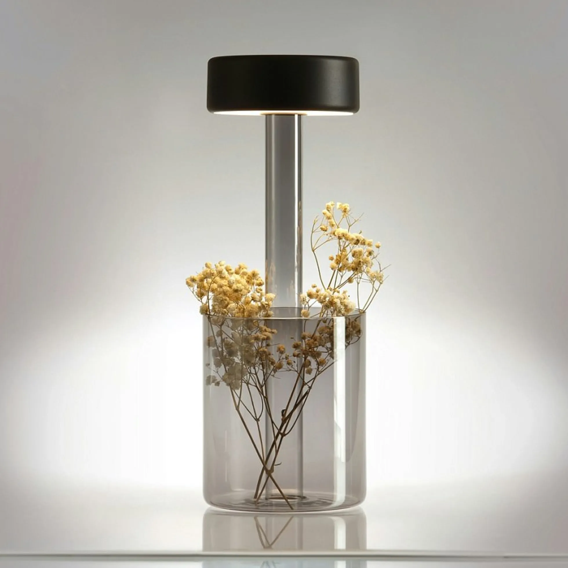 Lampe sans fil noire, avec vase en verre fumé ALMA