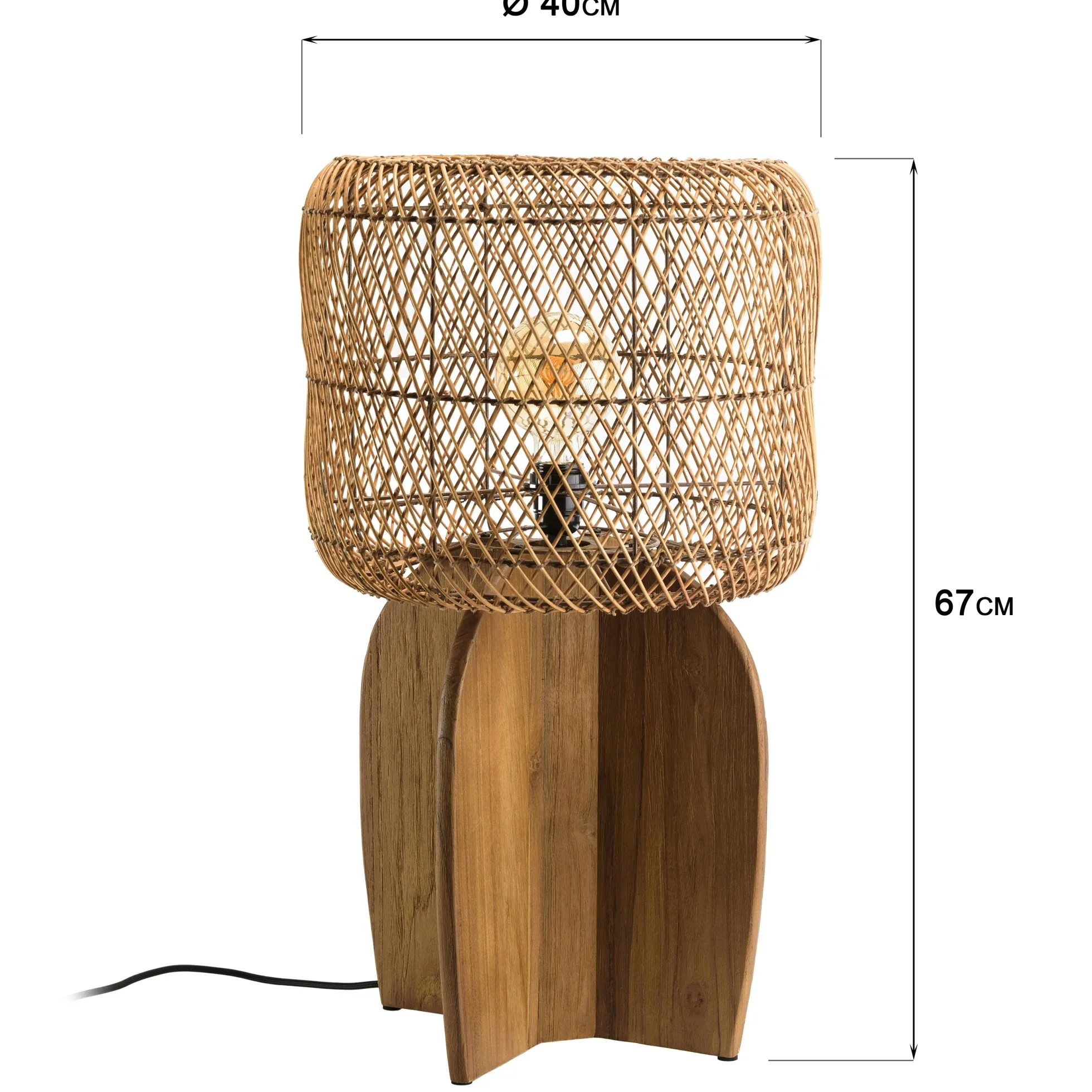 Lampe 38x38cm en rotin couleur naturelle et bois de teck recyclé SWING
