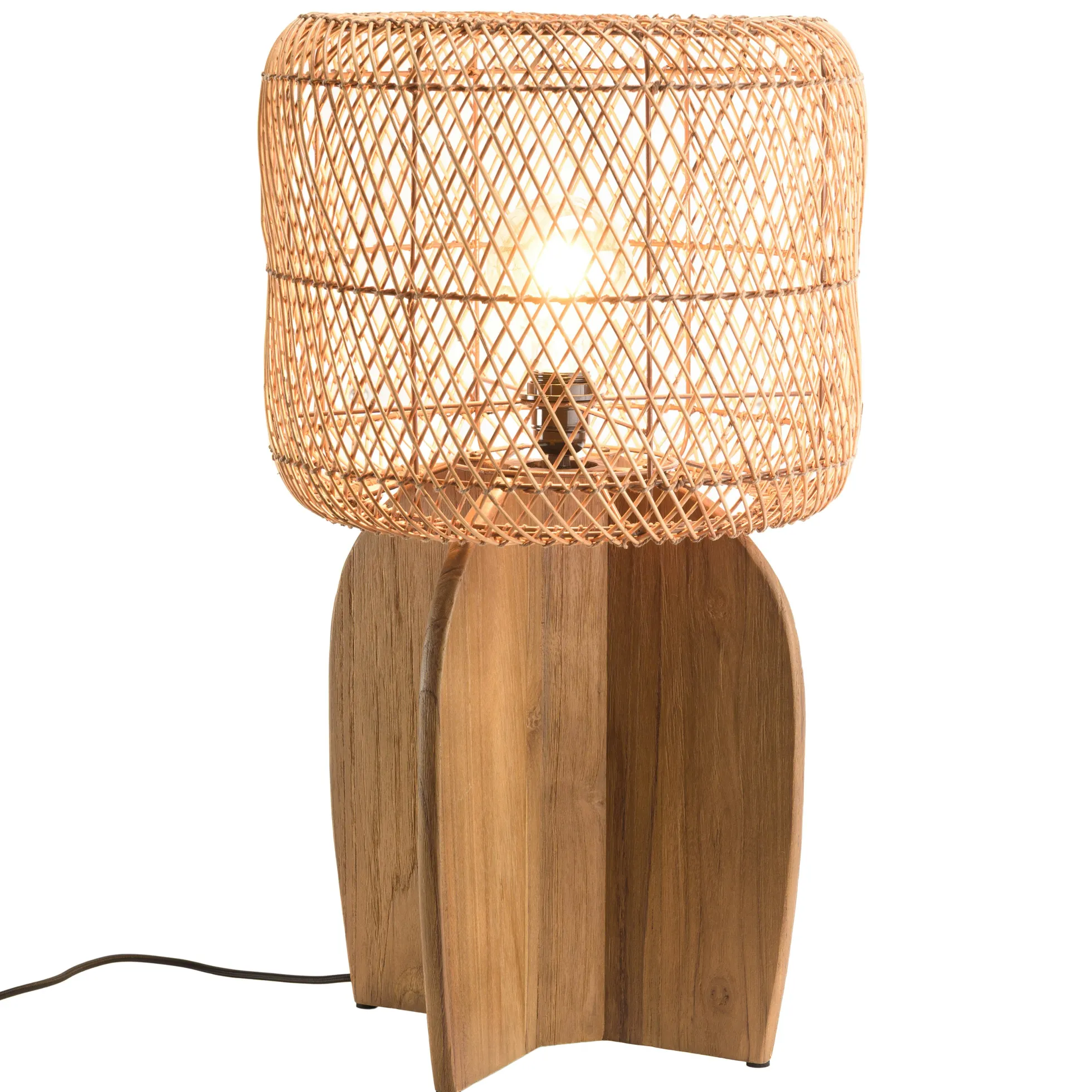 Lampe 38x38cm en rotin couleur naturelle et bois de teck recyclé SWING