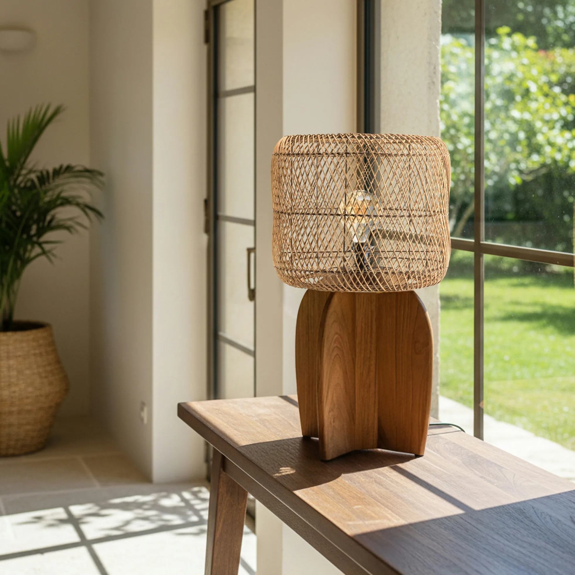 Lampe 38x38cm en rotin couleur naturelle et bois de teck recyclé SWING