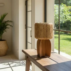Lampe 30x30cm en rotin couleur naturelle et bois de teck recyclé SWING