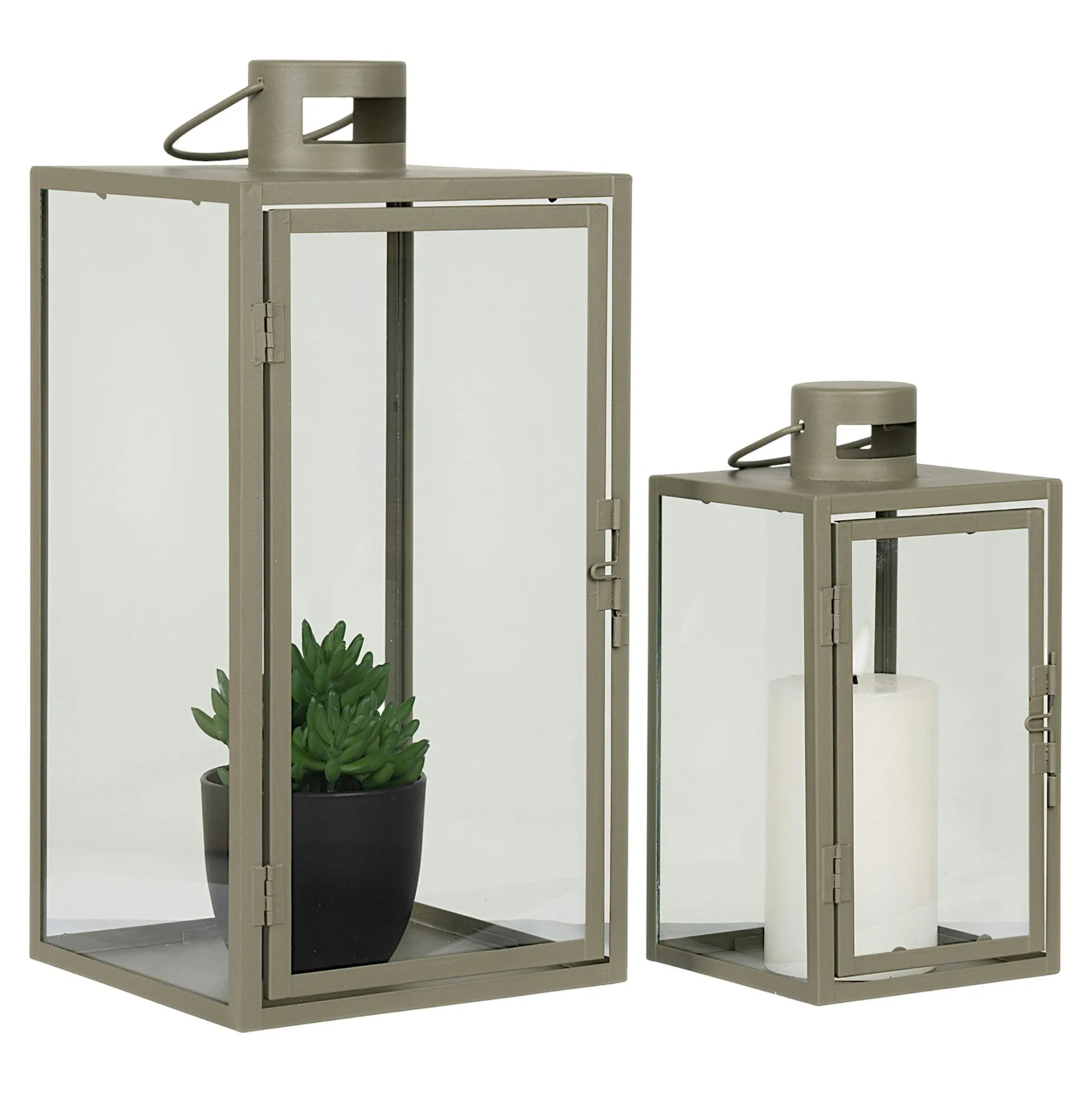 Lanterne décorative à poignée en métal beige et verre (lot de 2)