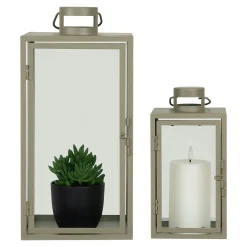 Lanterne décorative à poignée en métal beige et verre (lot de 2)