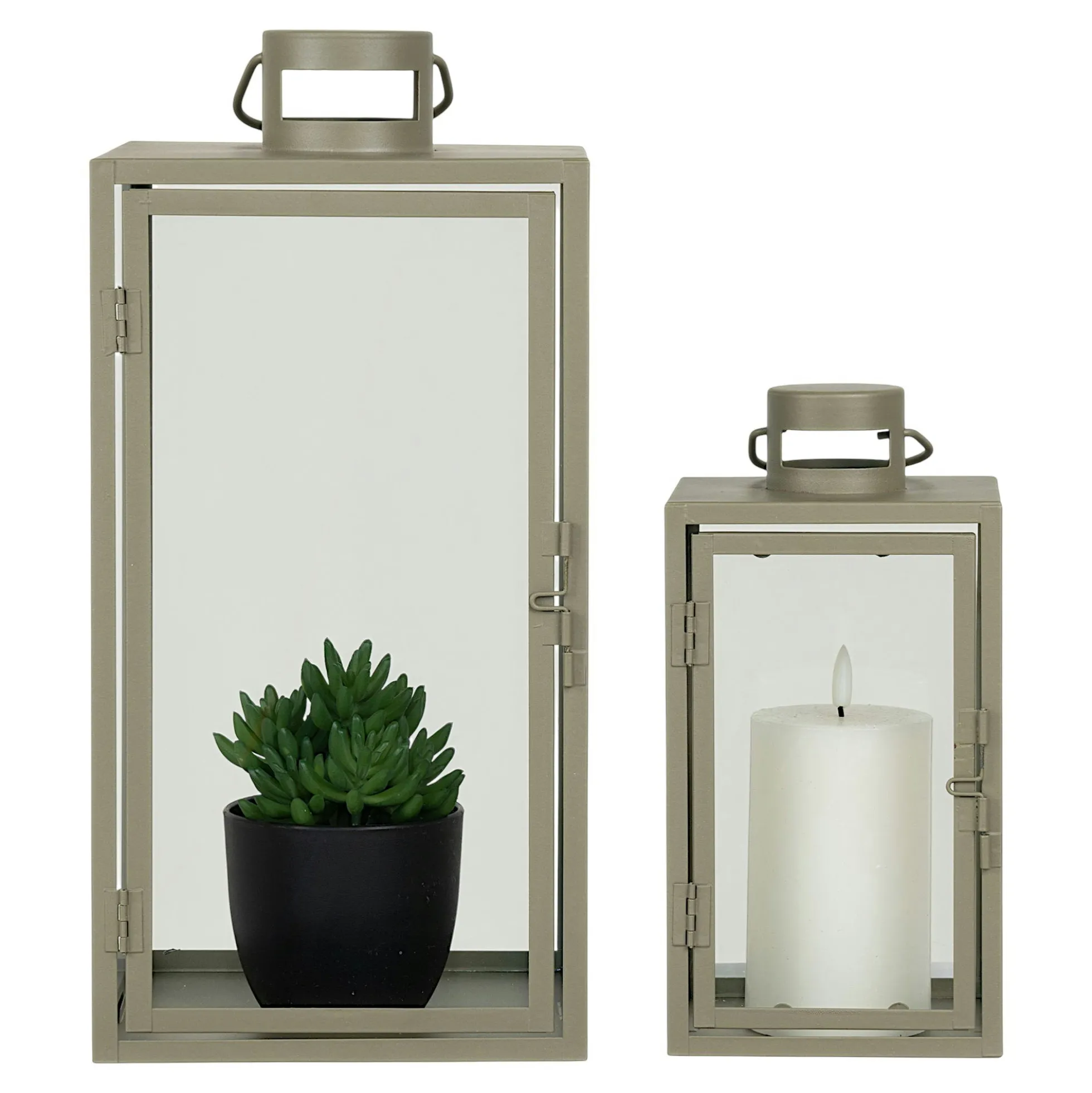 Lanterne décorative à poignée en métal beige et verre (lot de 2)