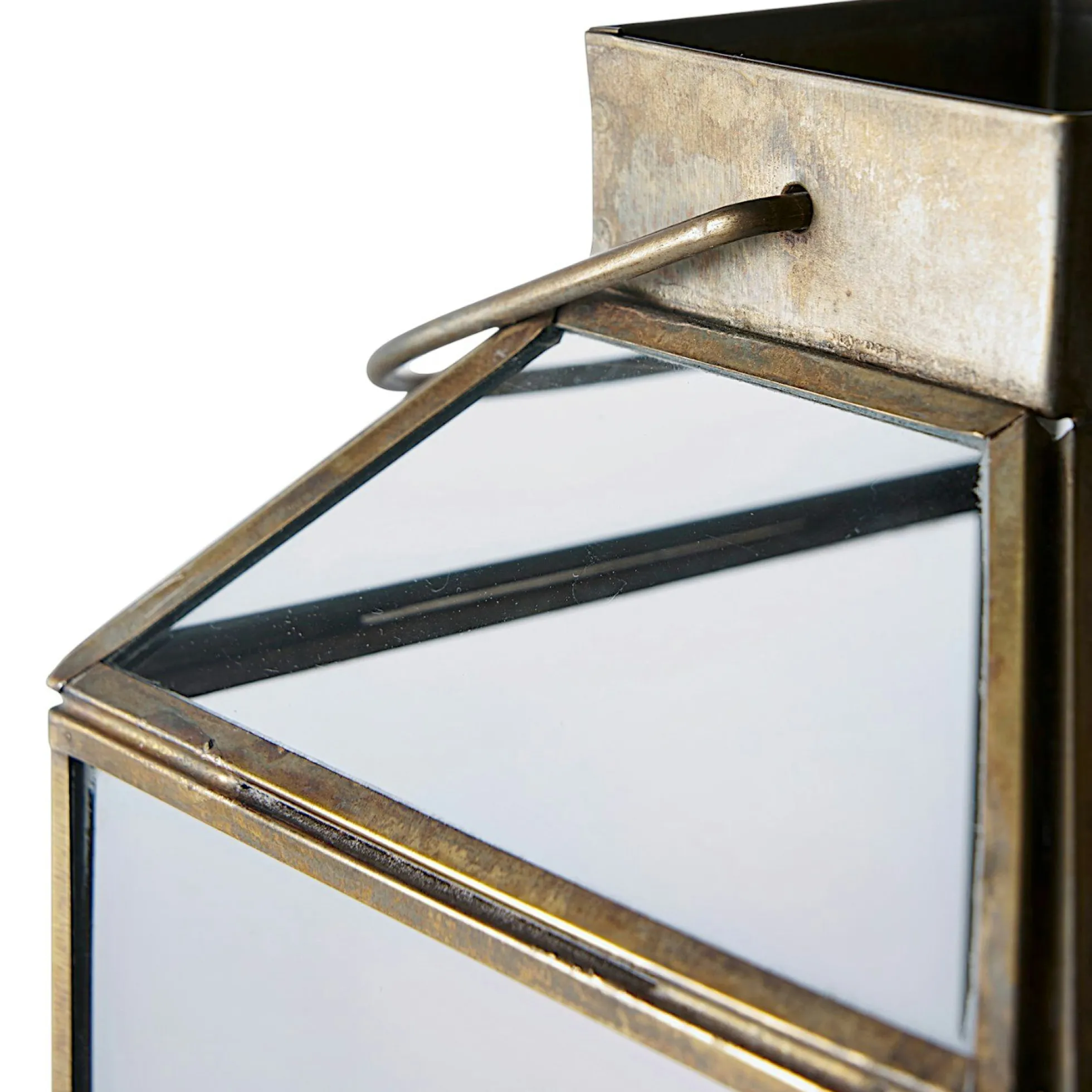 Lanterne vintage verre et métal effet usé à poignée