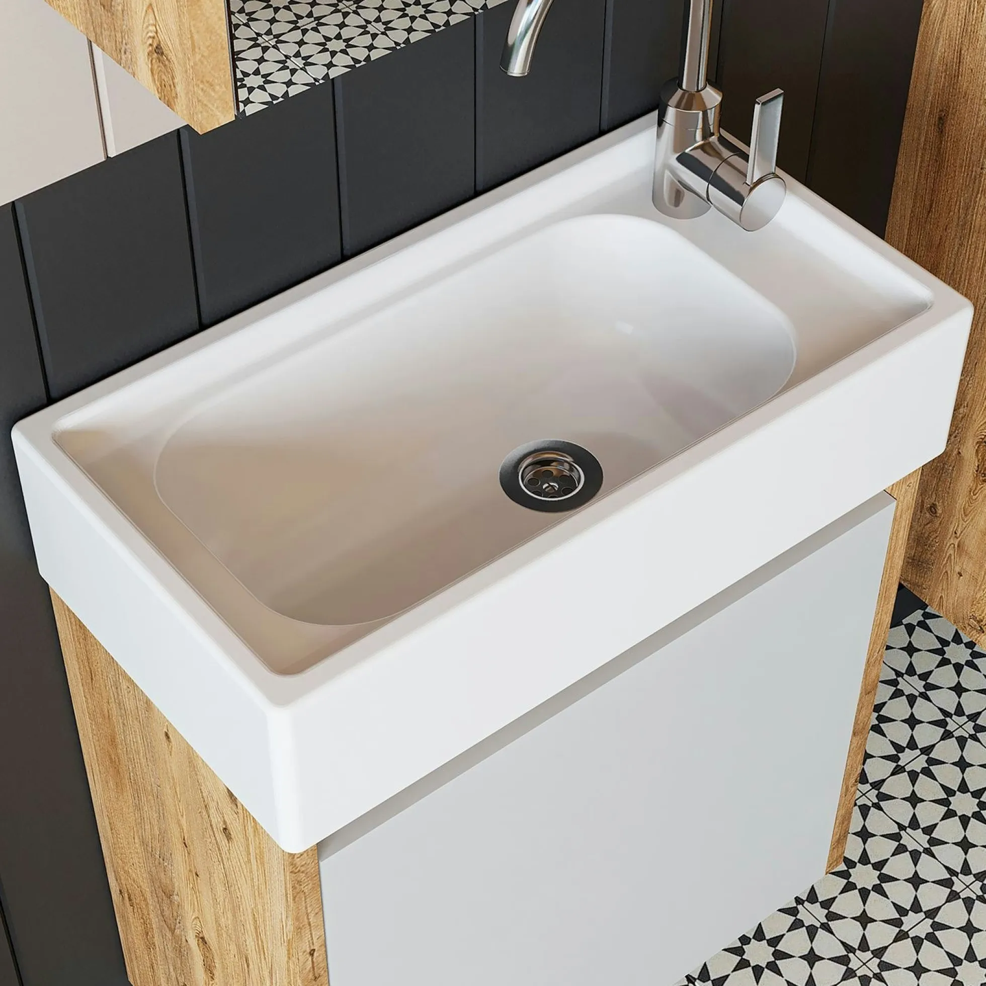 Lave-mains suspendu blanc et décor pin 1 porte LUA