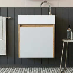 Lave-mains suspendu blanc et décor pin 1 porte LUA