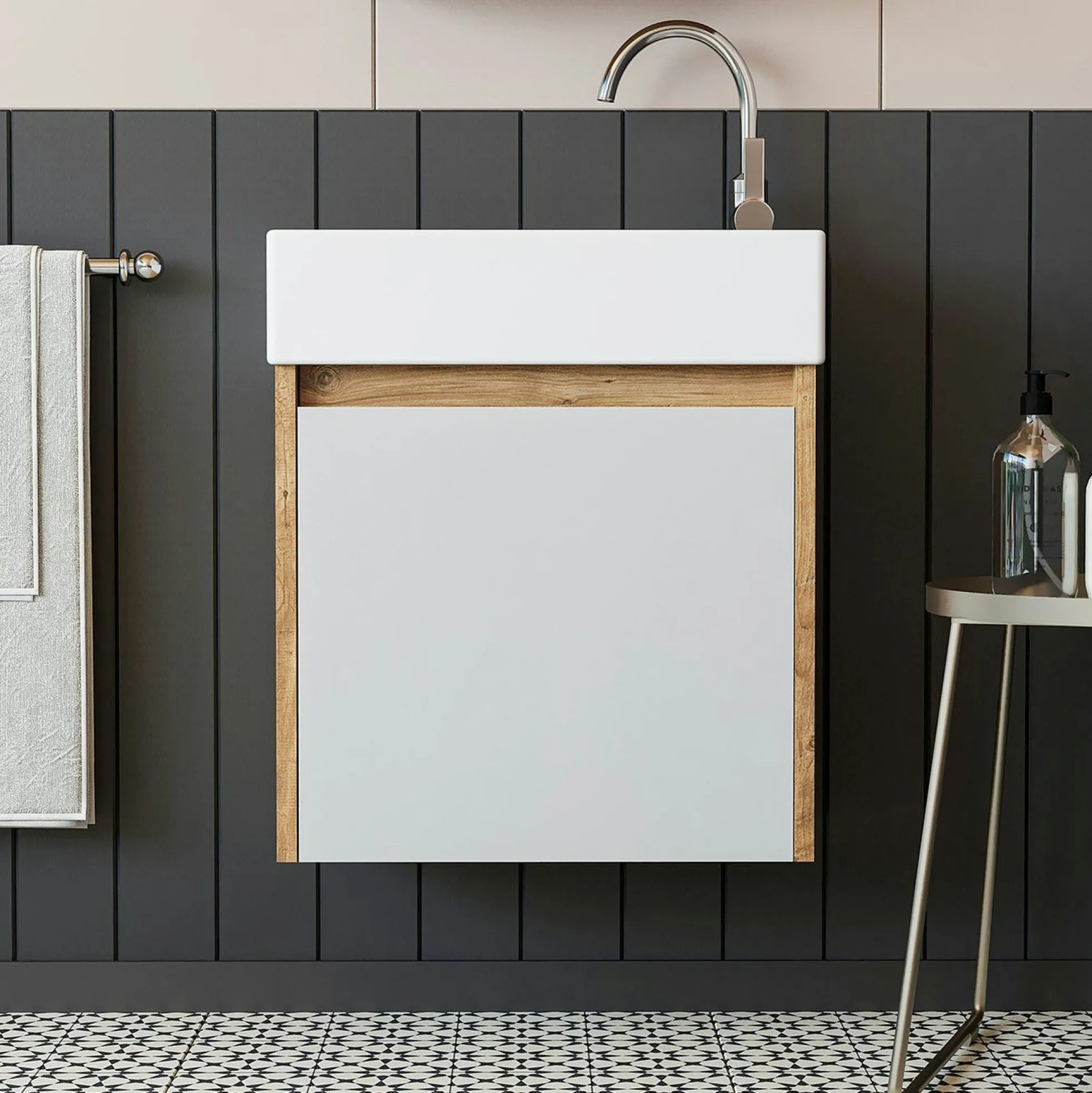 Lave-mains suspendu blanc et décor pin 1 porte LUA