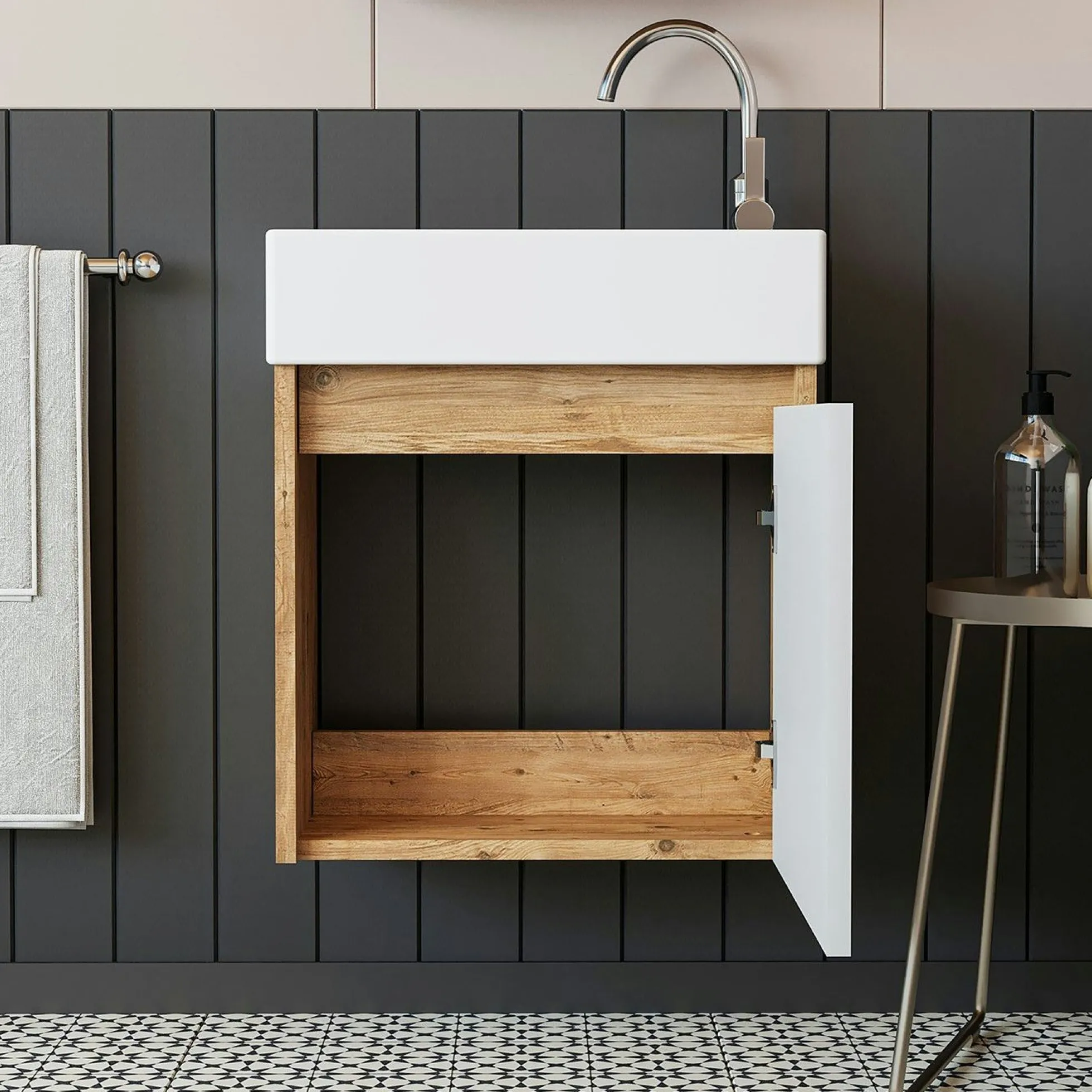 Lave-mains suspendu blanc et décor pin 1 porte LUA