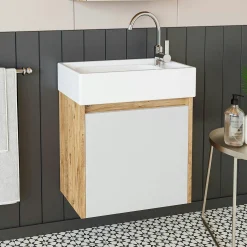 Lave-mains suspendu blanc et décor pin 1 porte LUA