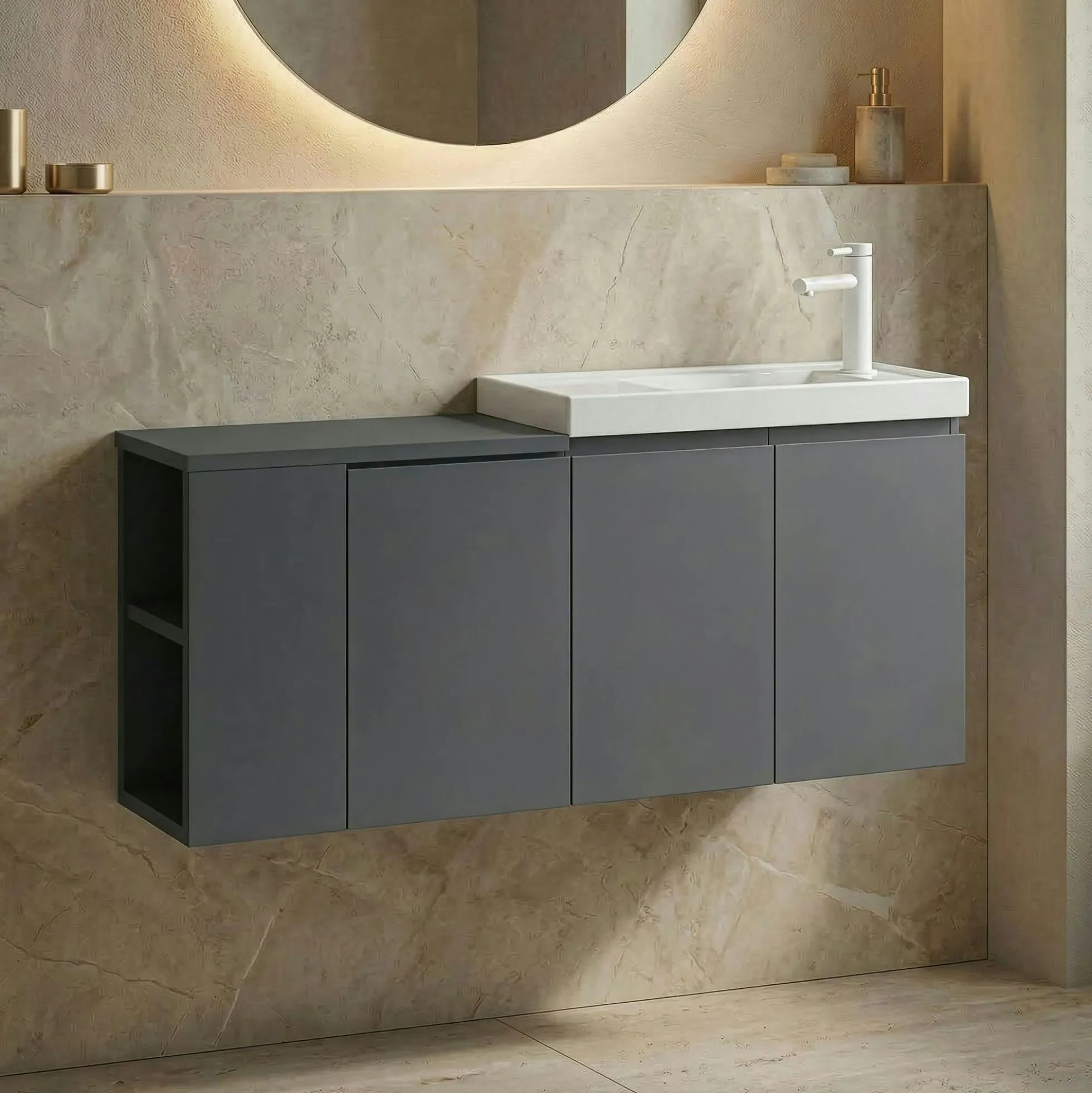 Lave-mains suspendu 110 cm anthracite 3 portes 2 niches IRIS