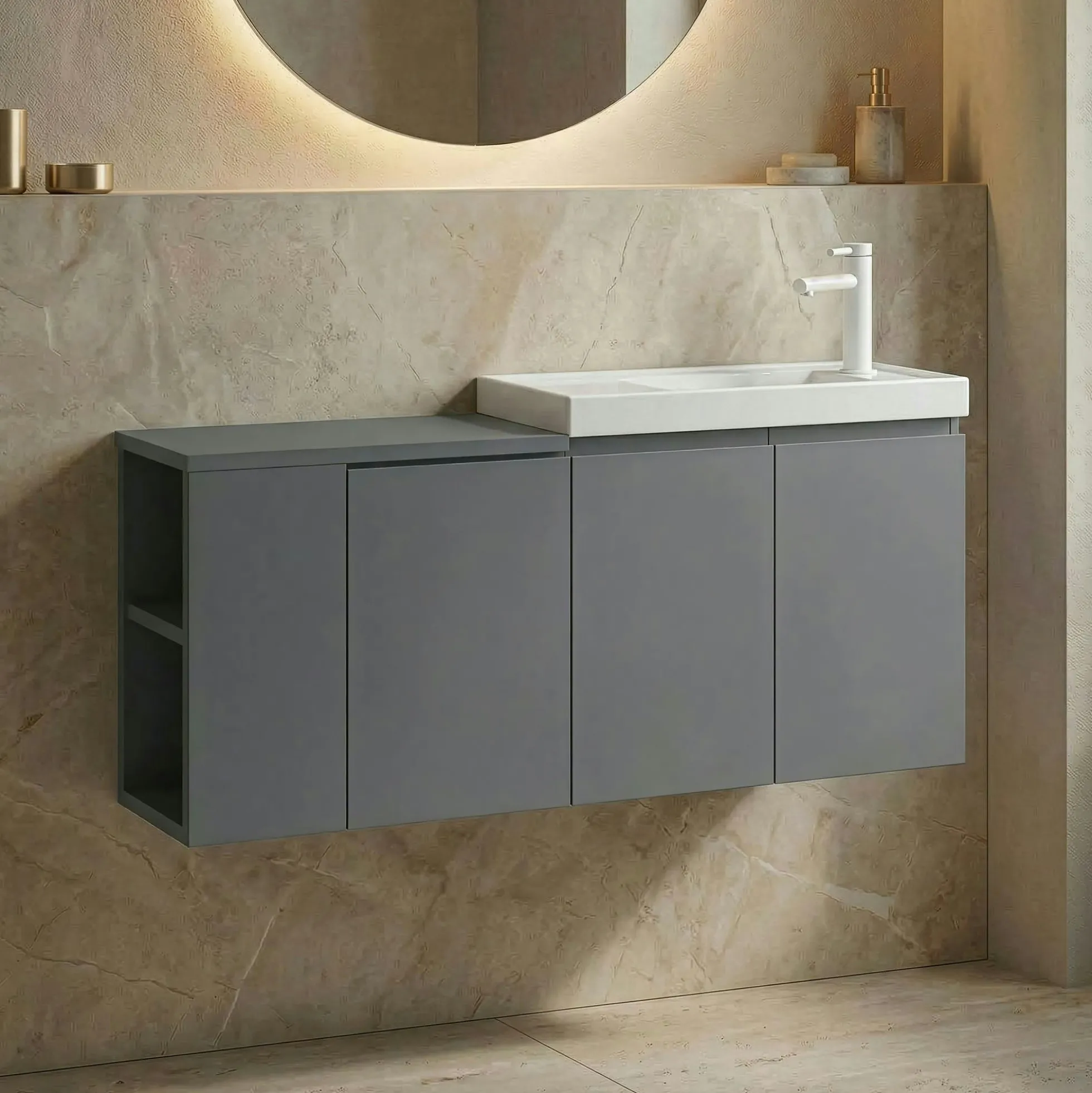 Lave-mains suspendu 110 cm gris 3 portes 2 niches IRIS
