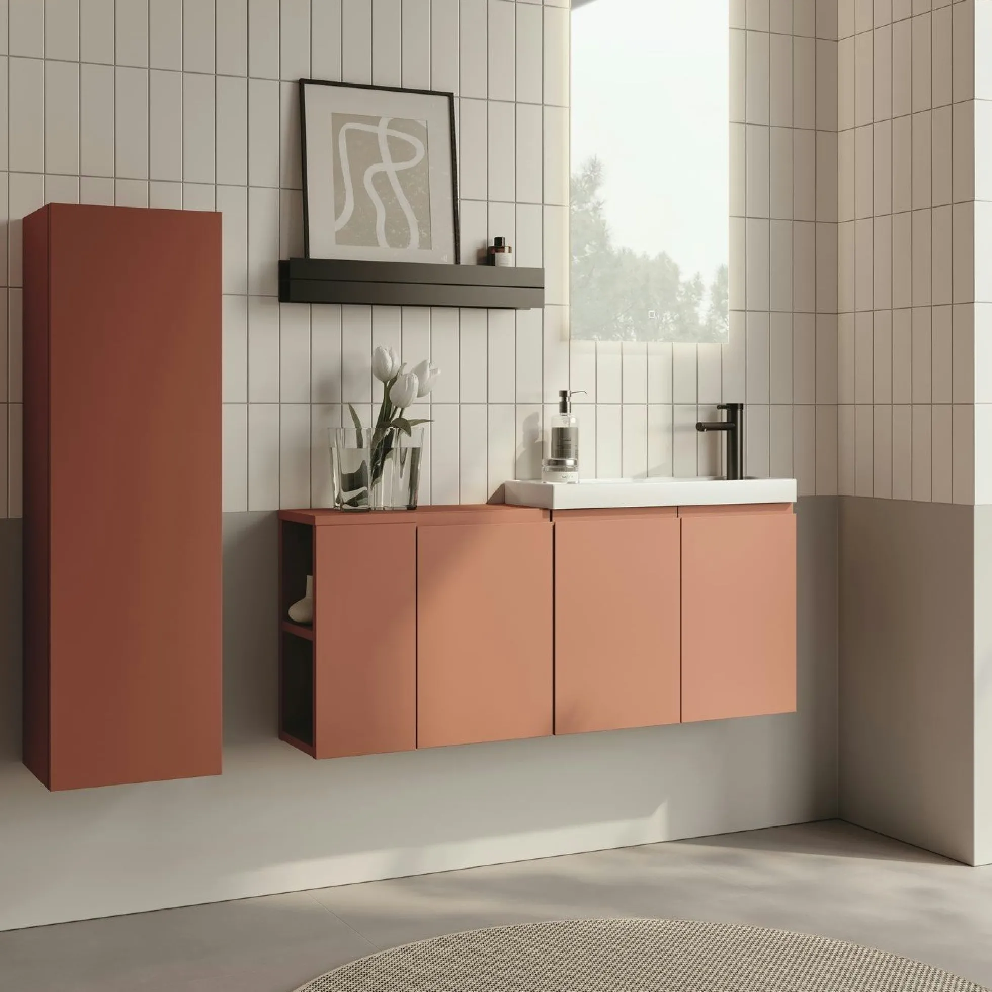 Lave-mains suspendu 110 cm rouge 3 portes 2 niches IRIS