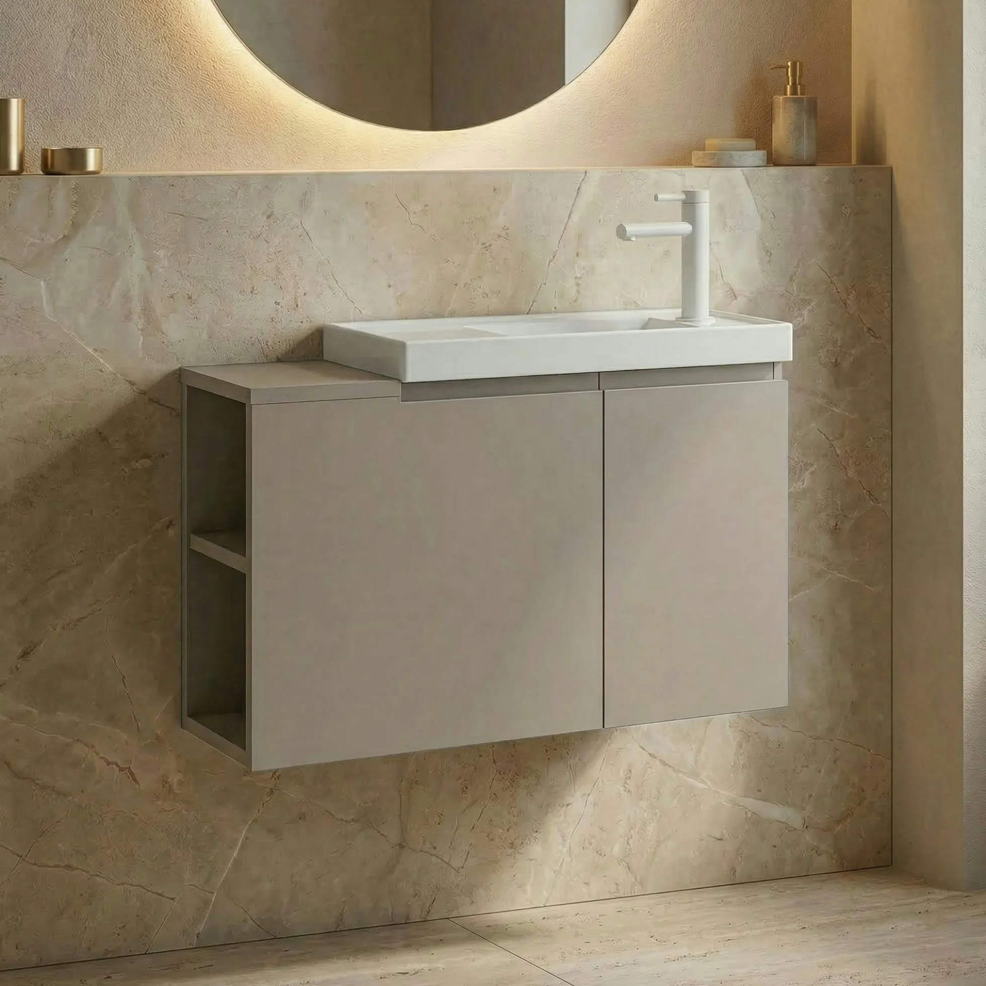 Lave-mains suspendu 80 cm taupe 2 portes 2 niches IRIS