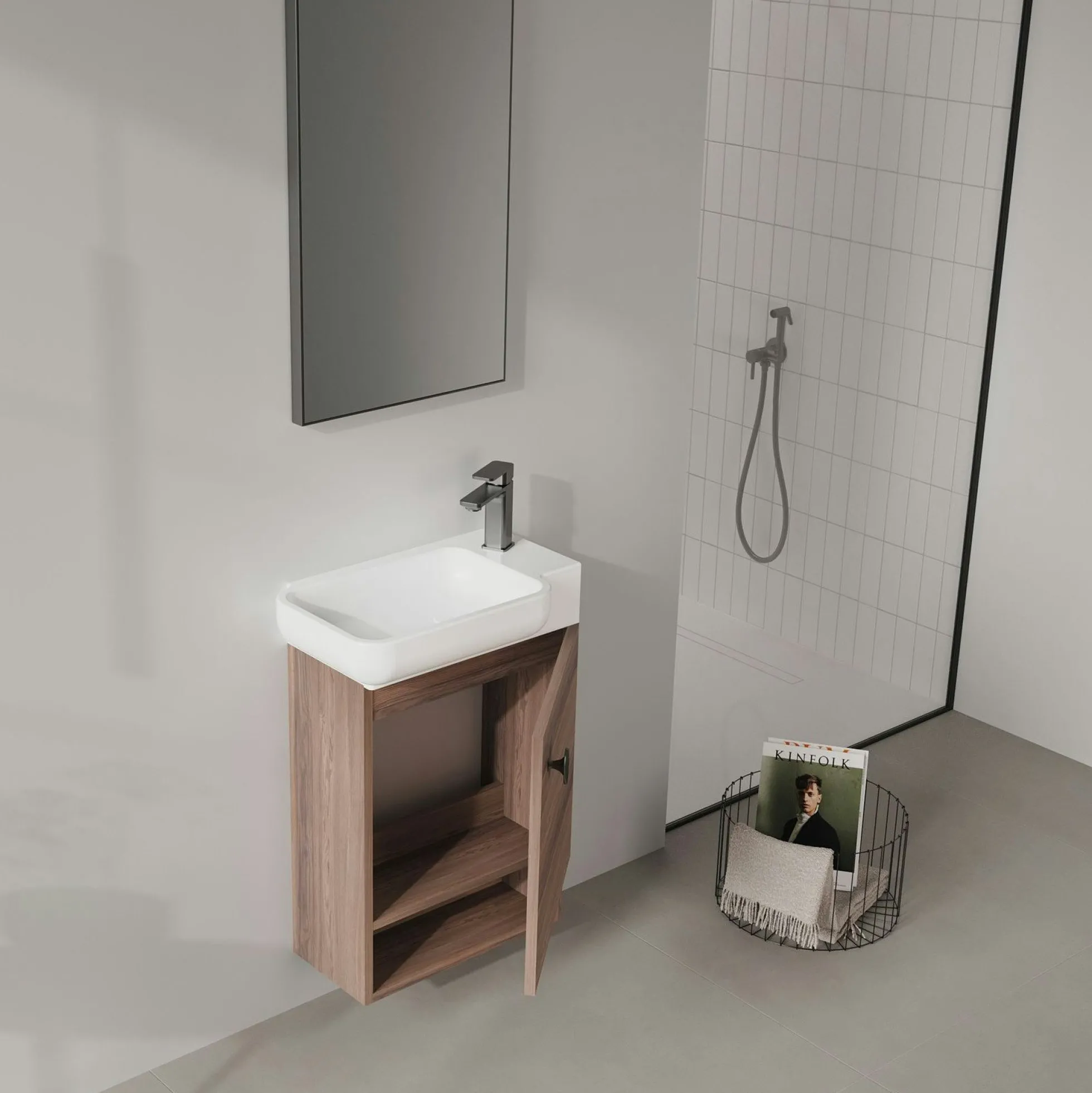 Lave-mains suspendu décor bois foncé 1 porte 1 niche ONA