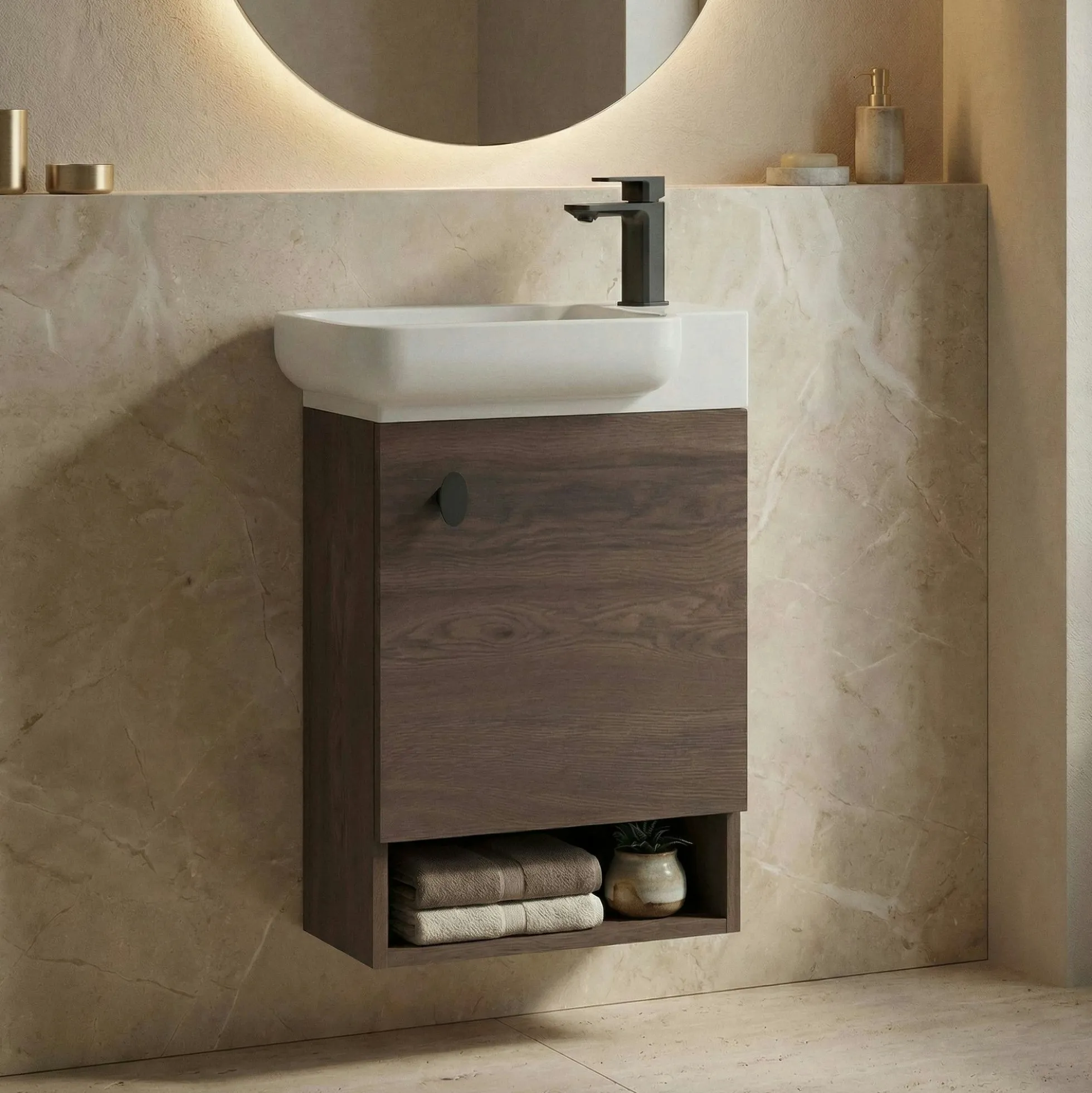 Lave-mains suspendu décor bois foncé 1 porte 1 niche ONA