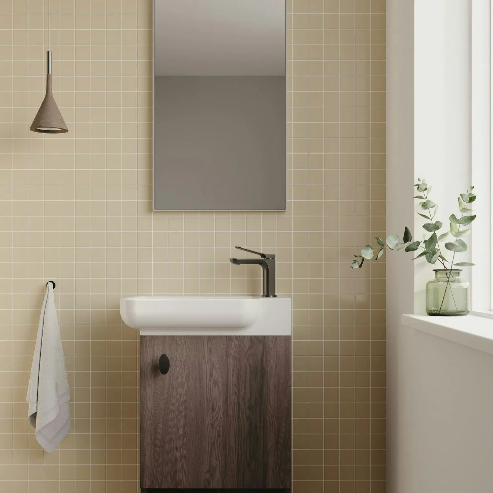 Lave-mains suspendu décor bois foncé 1 porte 1 niche ONA
