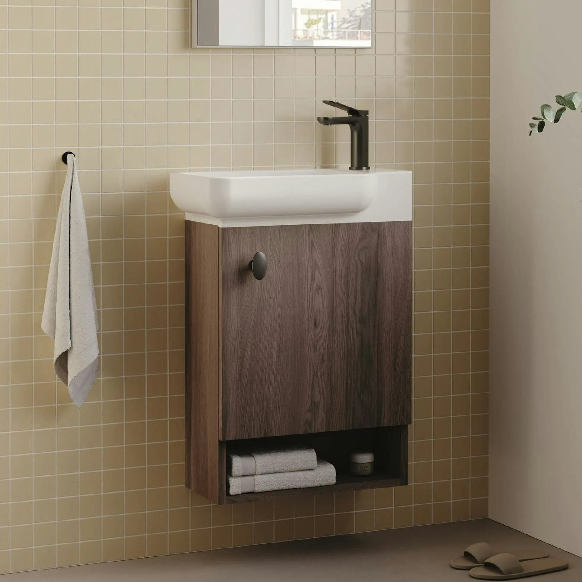 Lave-mains suspendu décor bois foncé 1 porte 1 niche ONA