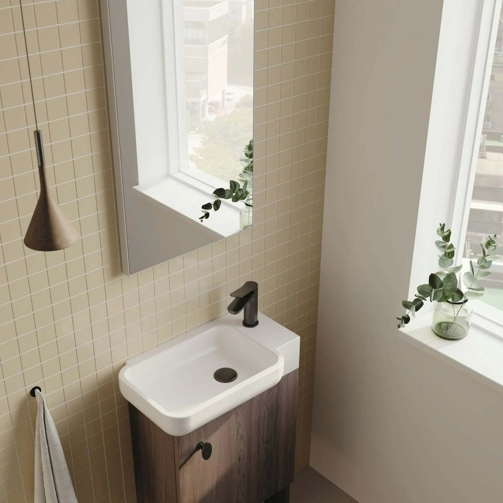 Lave-mains suspendu décor bois foncé 1 porte 1 niche ONA