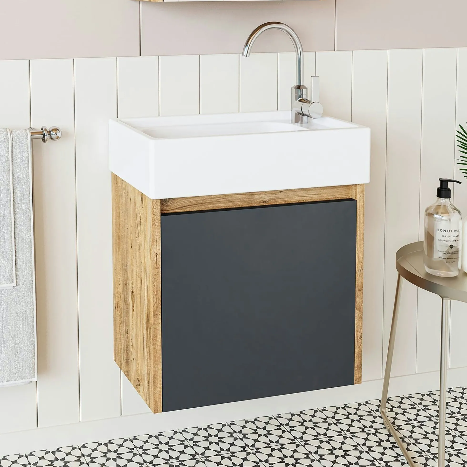 Lave-mains suspendu décor pin et anthracite 1 porte LUA