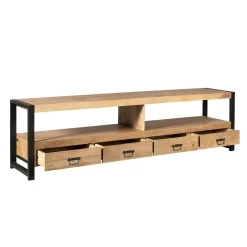 Long meuble TV bois clair métal noir 4 tiroirs MILORA
