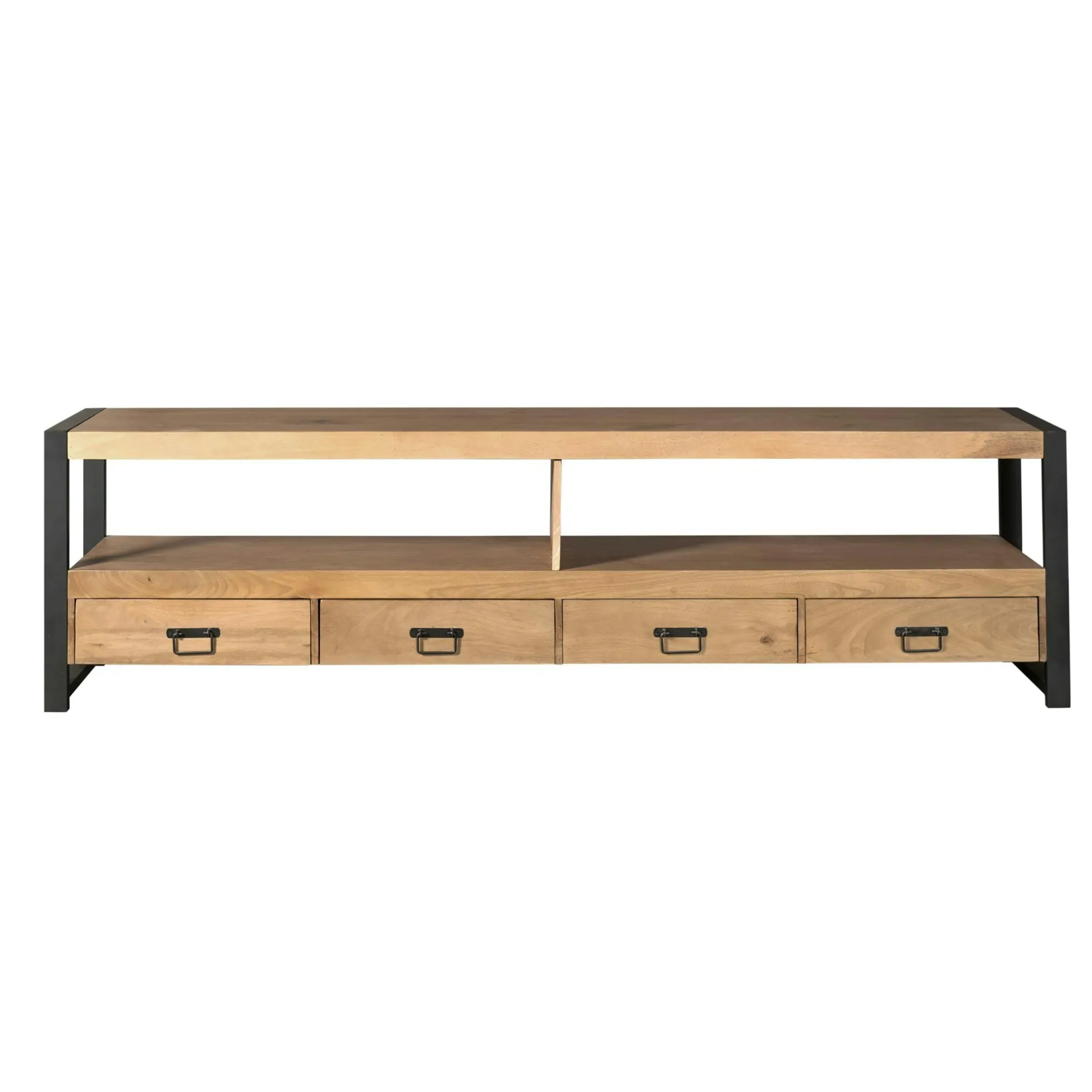 Long meuble TV bois clair métal noir 4 tiroirs MILORA