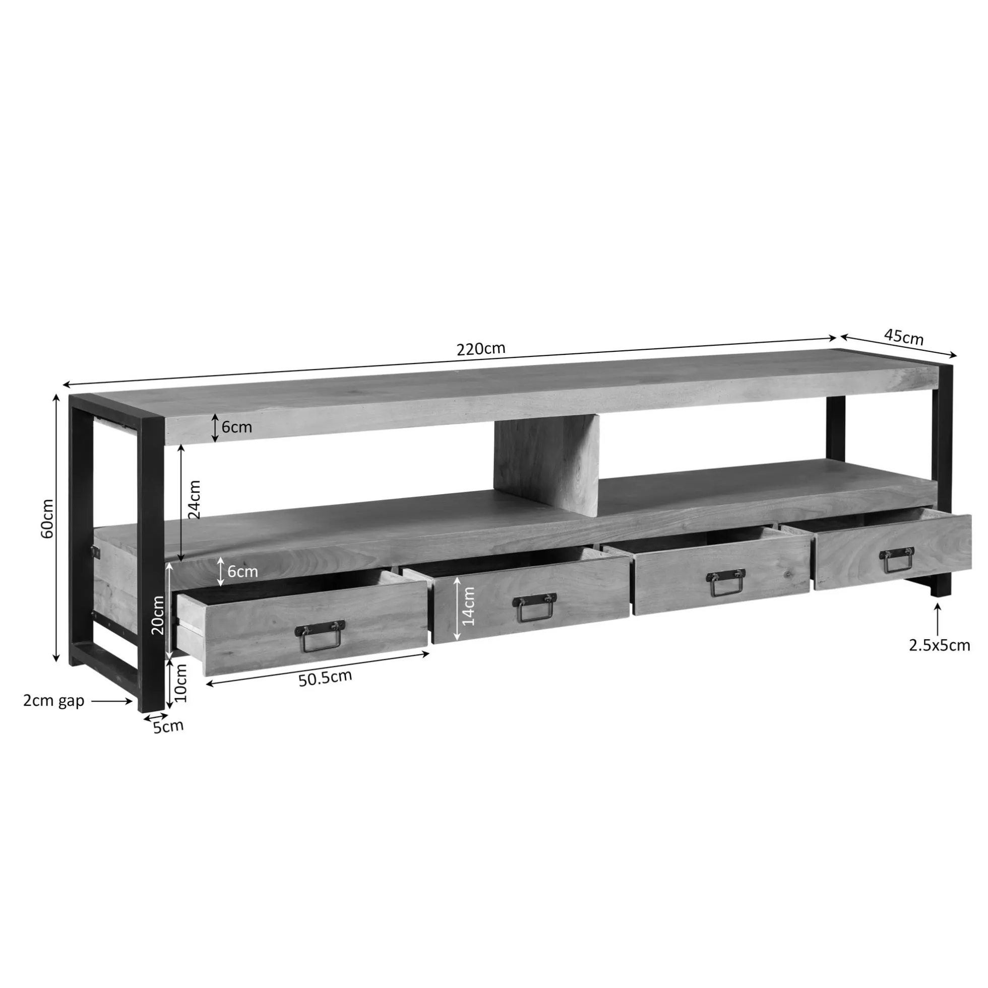 Long meuble TV bois clair métal noir 4 tiroirs MILORA