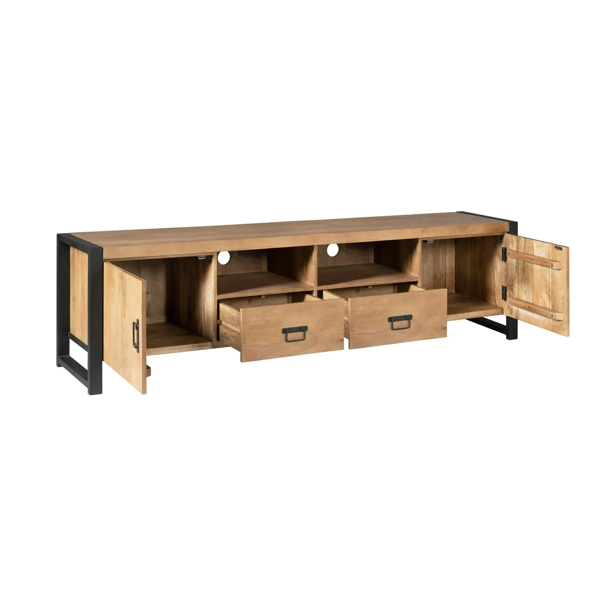 Long meuble TV bois clair métal noir 2 portes MILORA