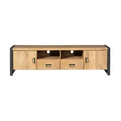 Long meuble TV bois clair métal noir 2 portes MILORA