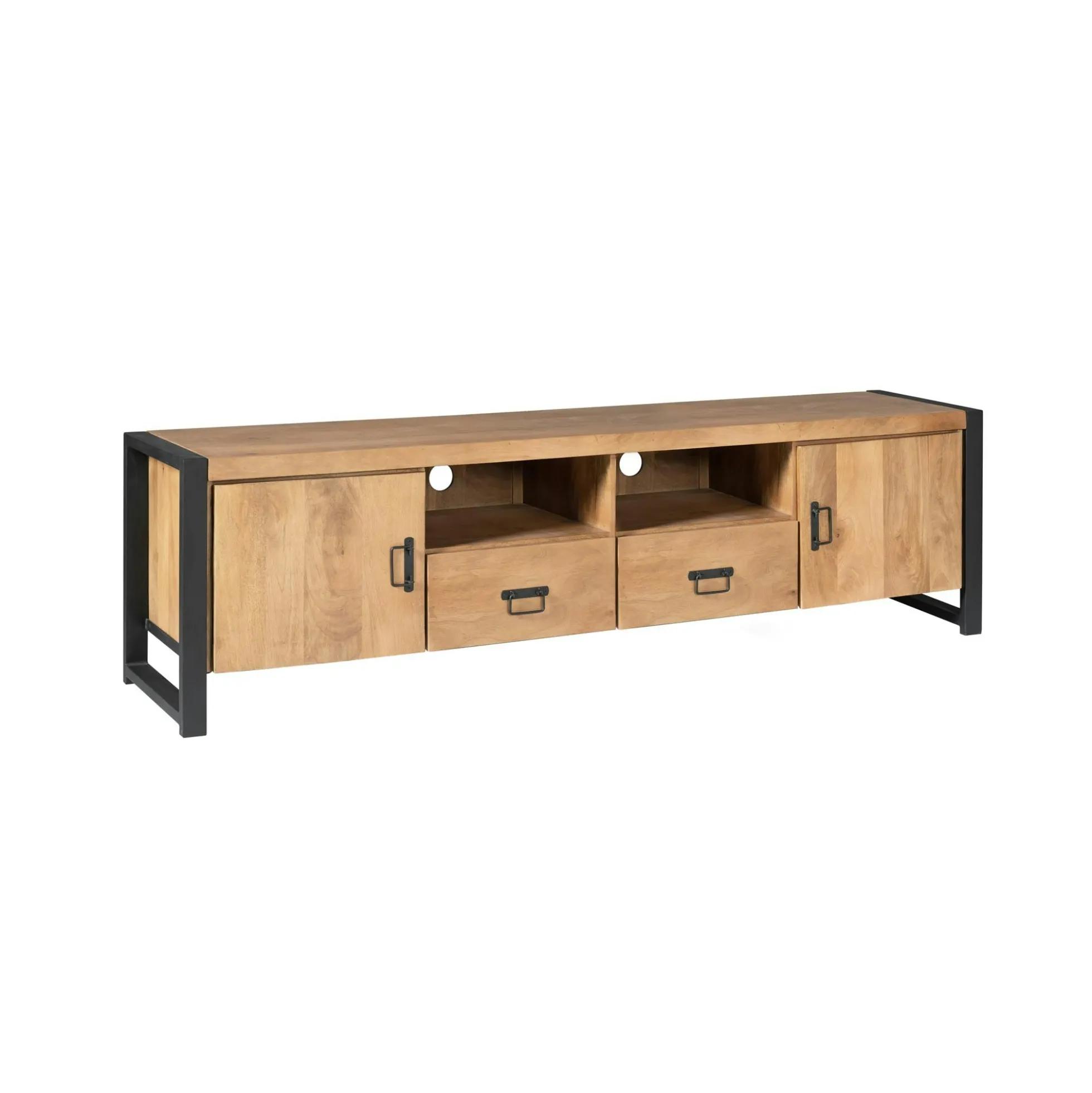 Long meuble TV bois clair métal noir 2 portes MILORA