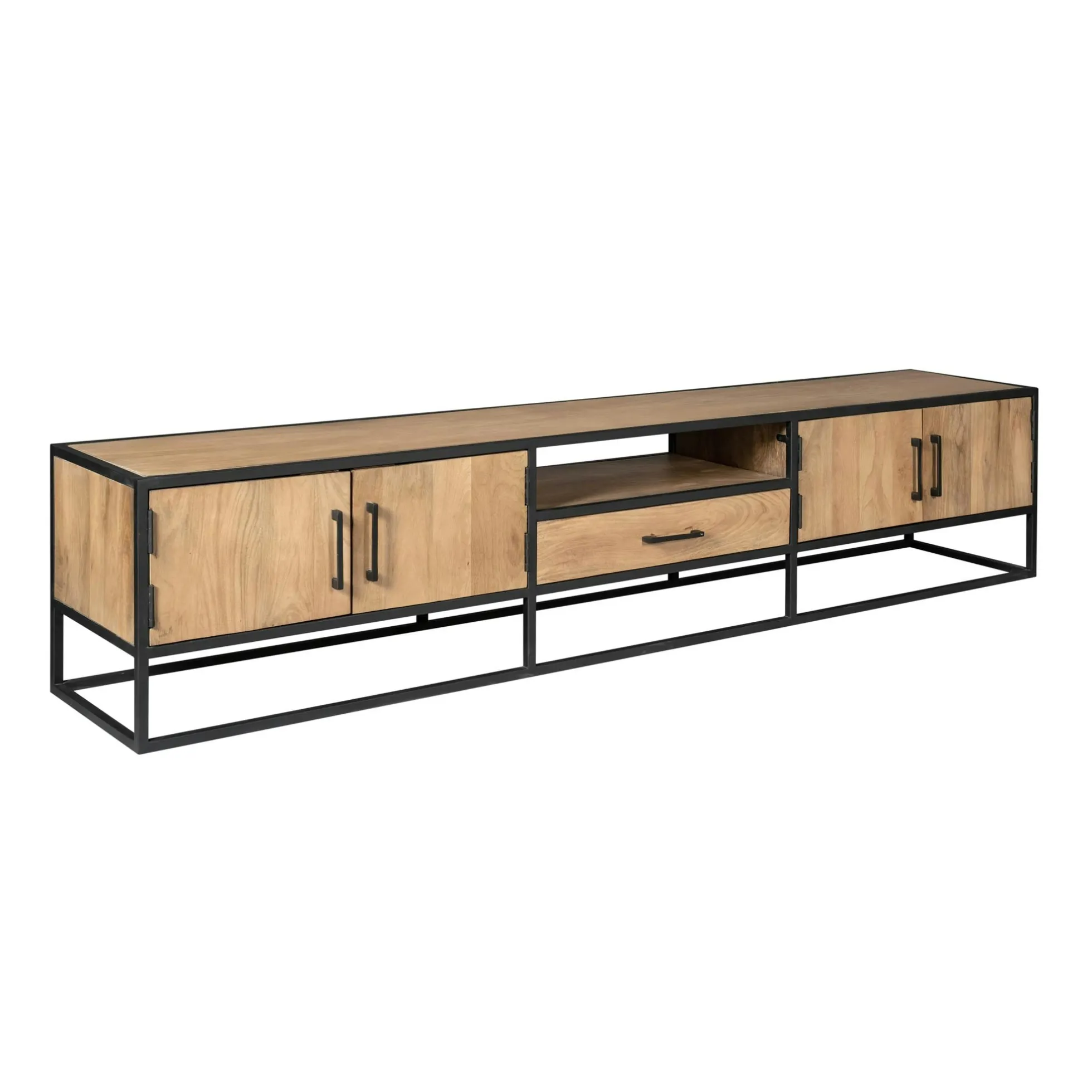 Long meuble TV en bois clair 4 portes 1 tiroir RIVANO