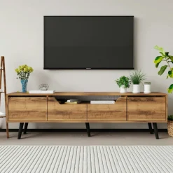 Long meuble TV 4 portes effet noyer pieds noirs 180 cm MARFA