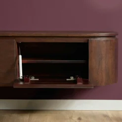 Long meuble TV suspendu bois foncé 280 cm AREZZO