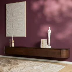 Long meuble TV suspendu bois foncé 280 cm AREZZO