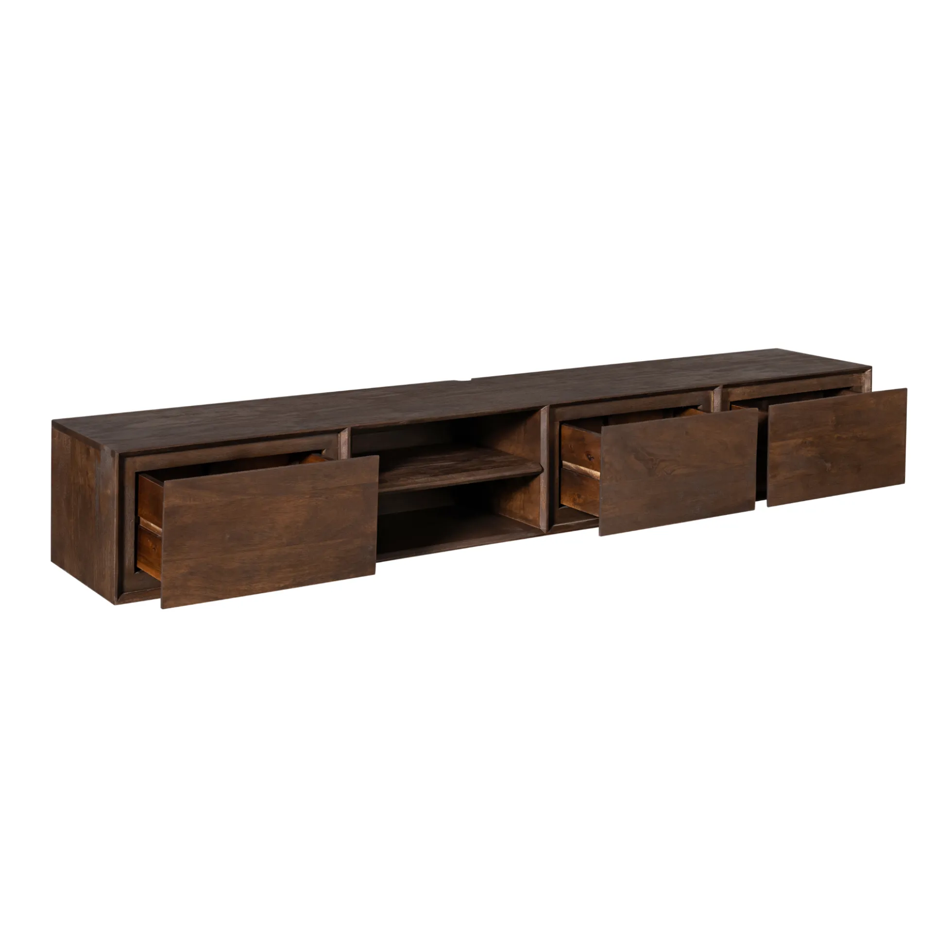 Long meuble TV suspendu bois foncé 3 tiroirs 1 niche 240 cm AERA