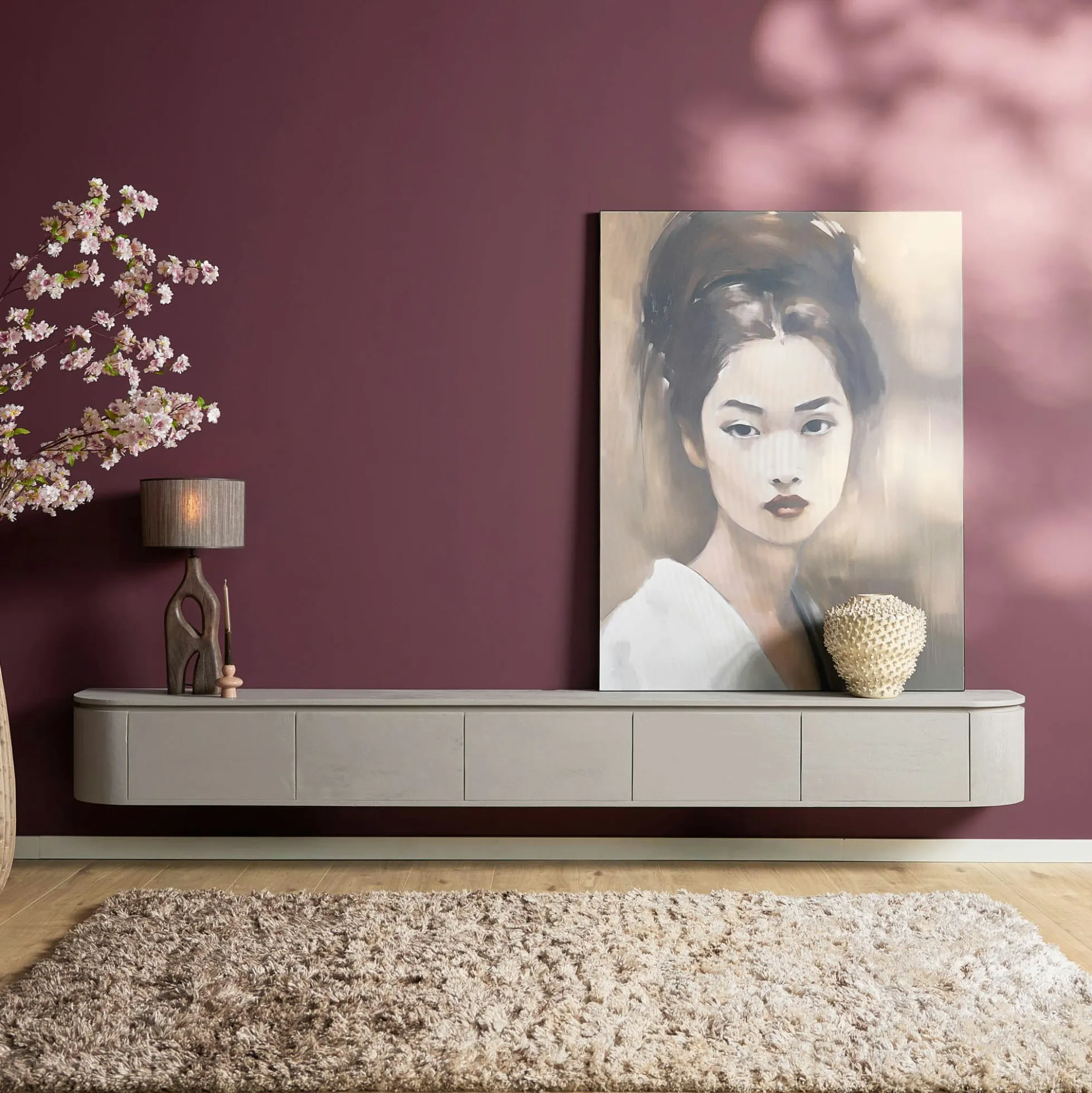 Long meuble TV suspendu bois gris 280 cm AREZZO