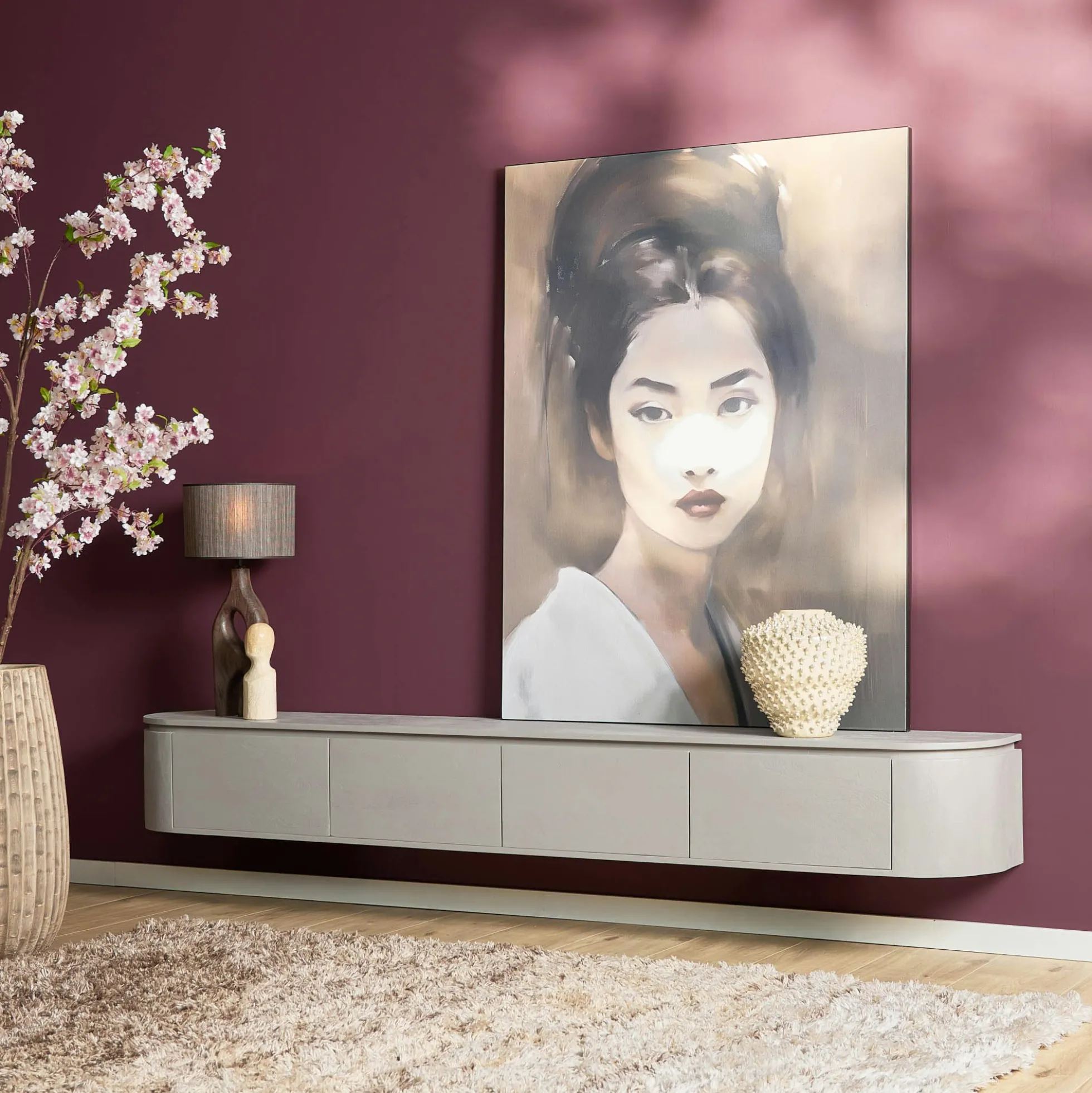 Long meuble TV suspendu bois gris 240 cm AREZZO