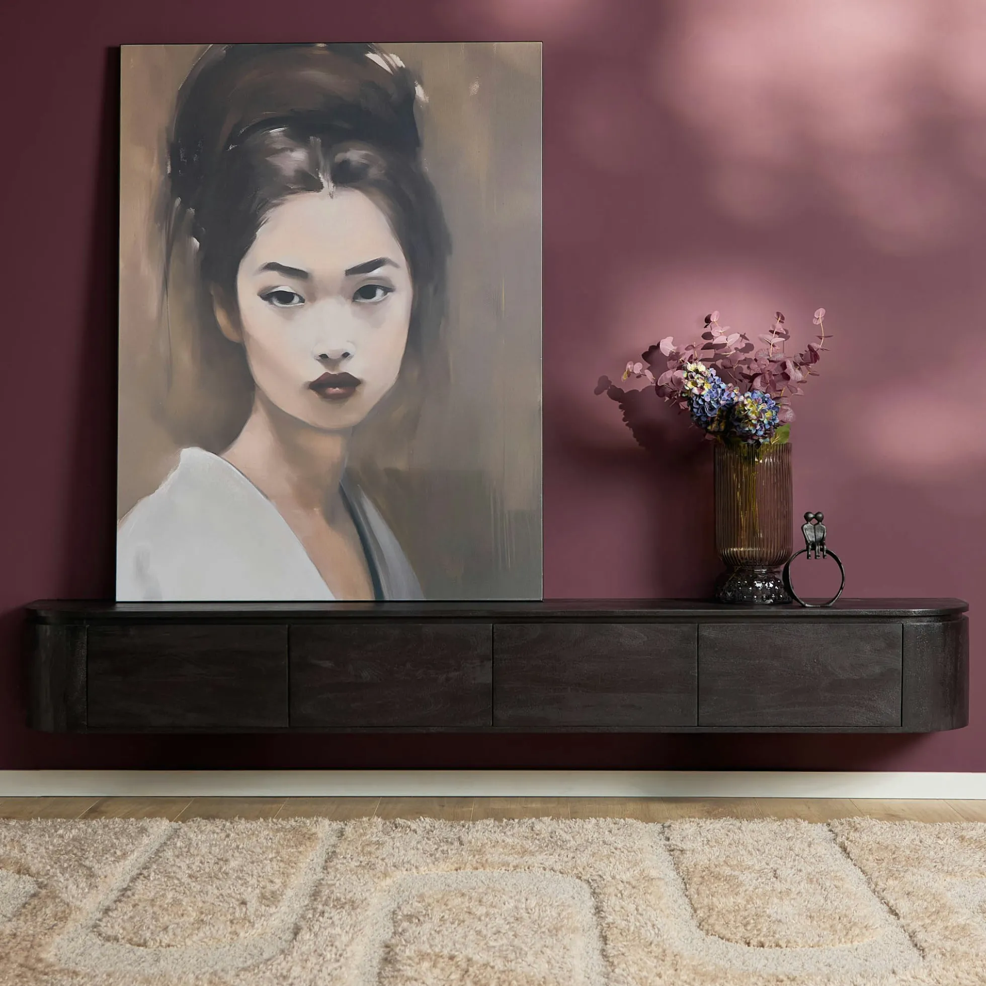 Long meuble TV suspendu bois noir 240 cm AREZZO