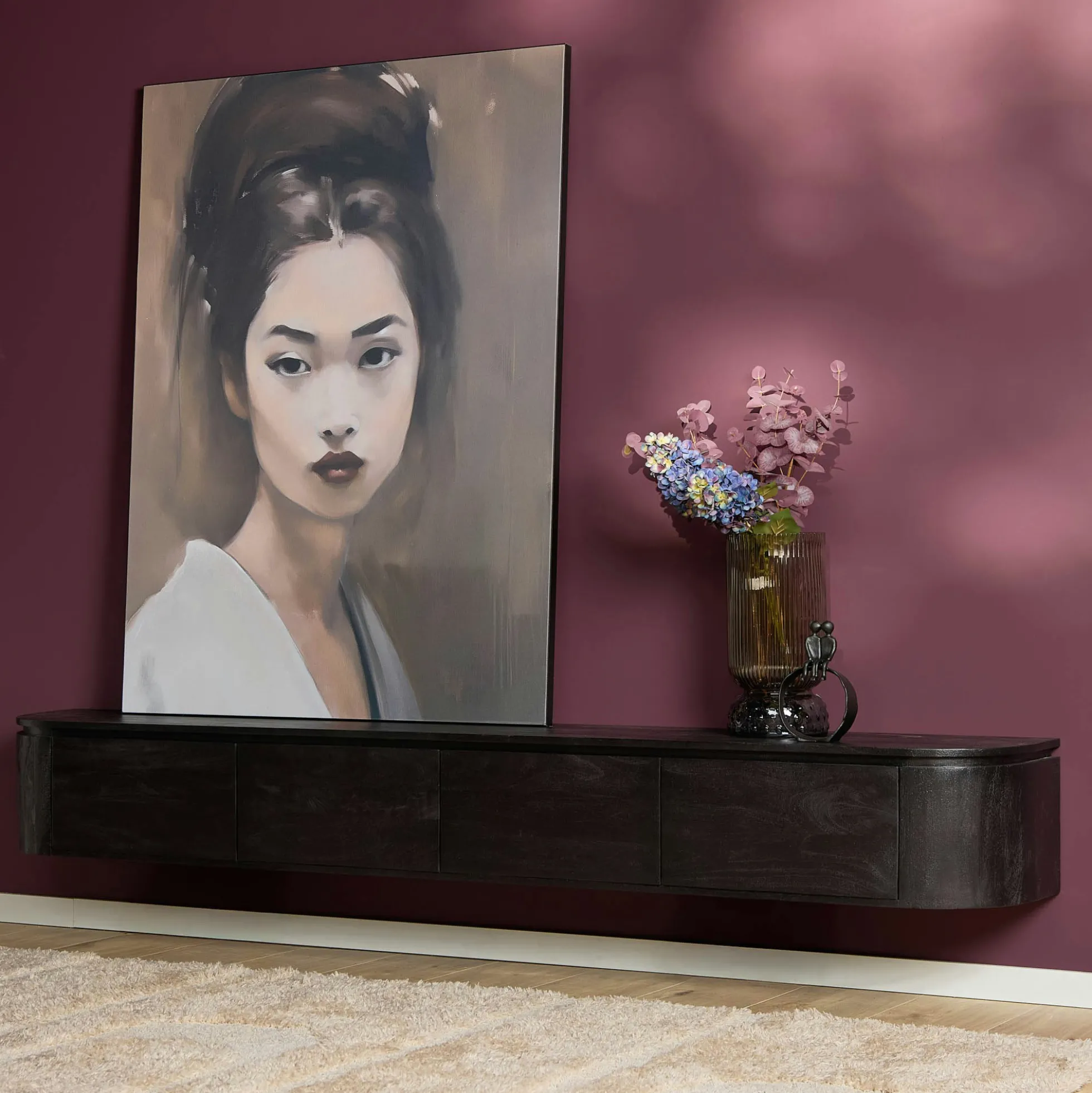 Long meuble TV suspendu bois noir 240 cm AREZZO