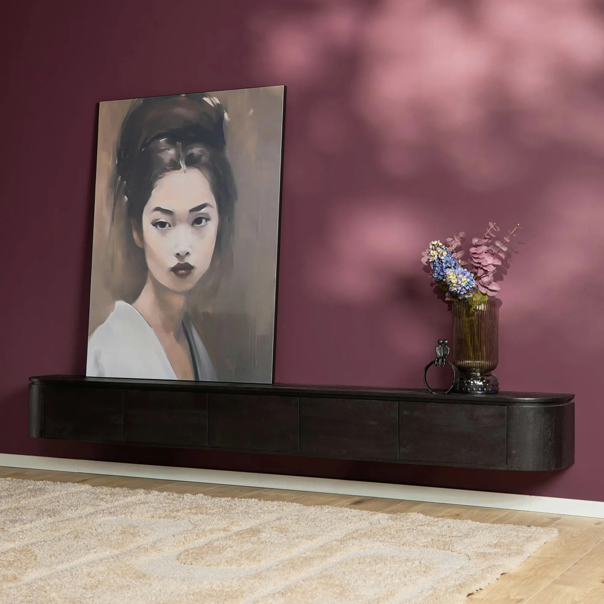 Long meuble TV suspendu bois noir 280 cm AREZZO
