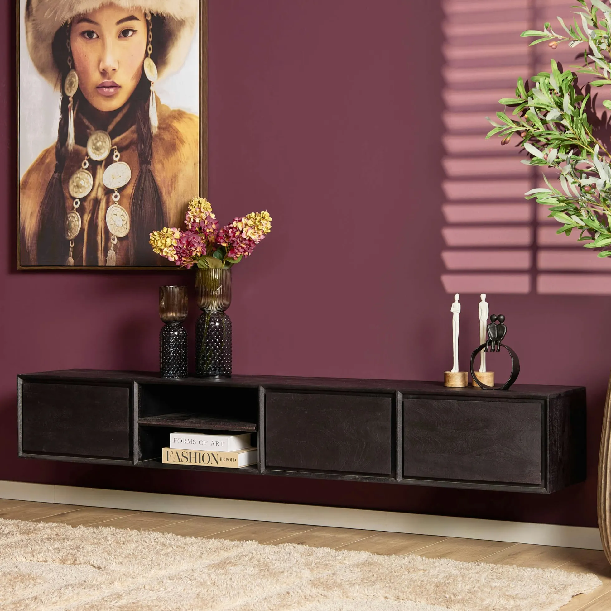 Long meuble TV suspendu bois noir 3 tiroirs 1 niche 280 cm AERA