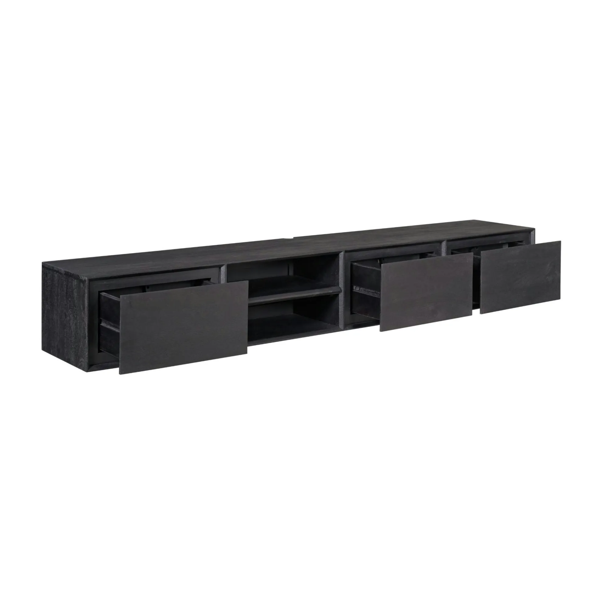Long meuble TV suspendu bois noir 3 tiroirs 1 niche 240 cm AERA