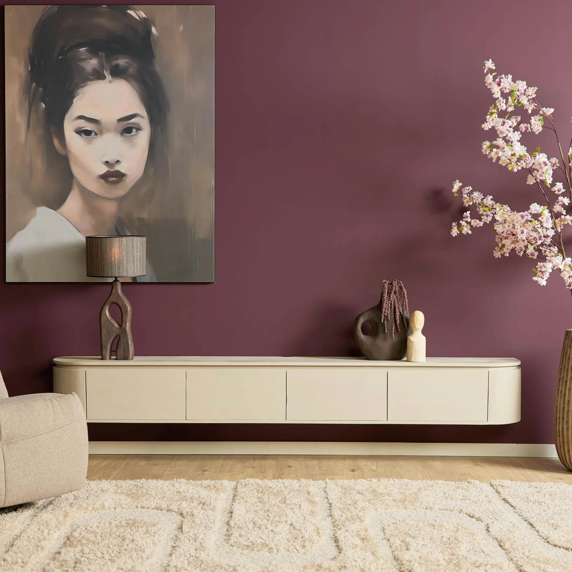 Long meuble TV suspendu bois sable 240 cm AREZZO