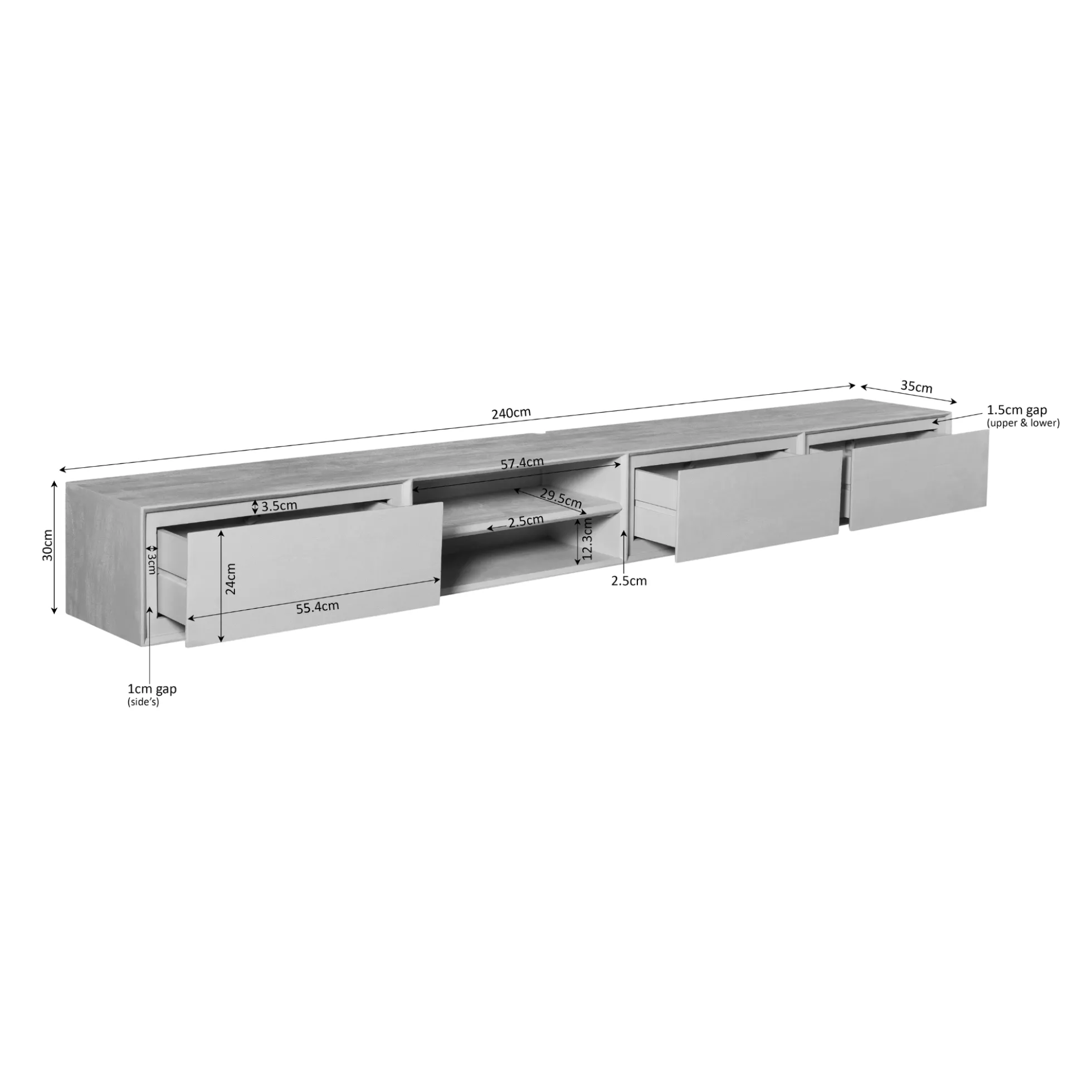 Long meuble TV suspendu bois 3 tiroirs 1 niche 240 cm AERA