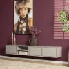 Long meuble TV suspendu bois taupe 3 tiroirs 1 niche 280 cm AERA