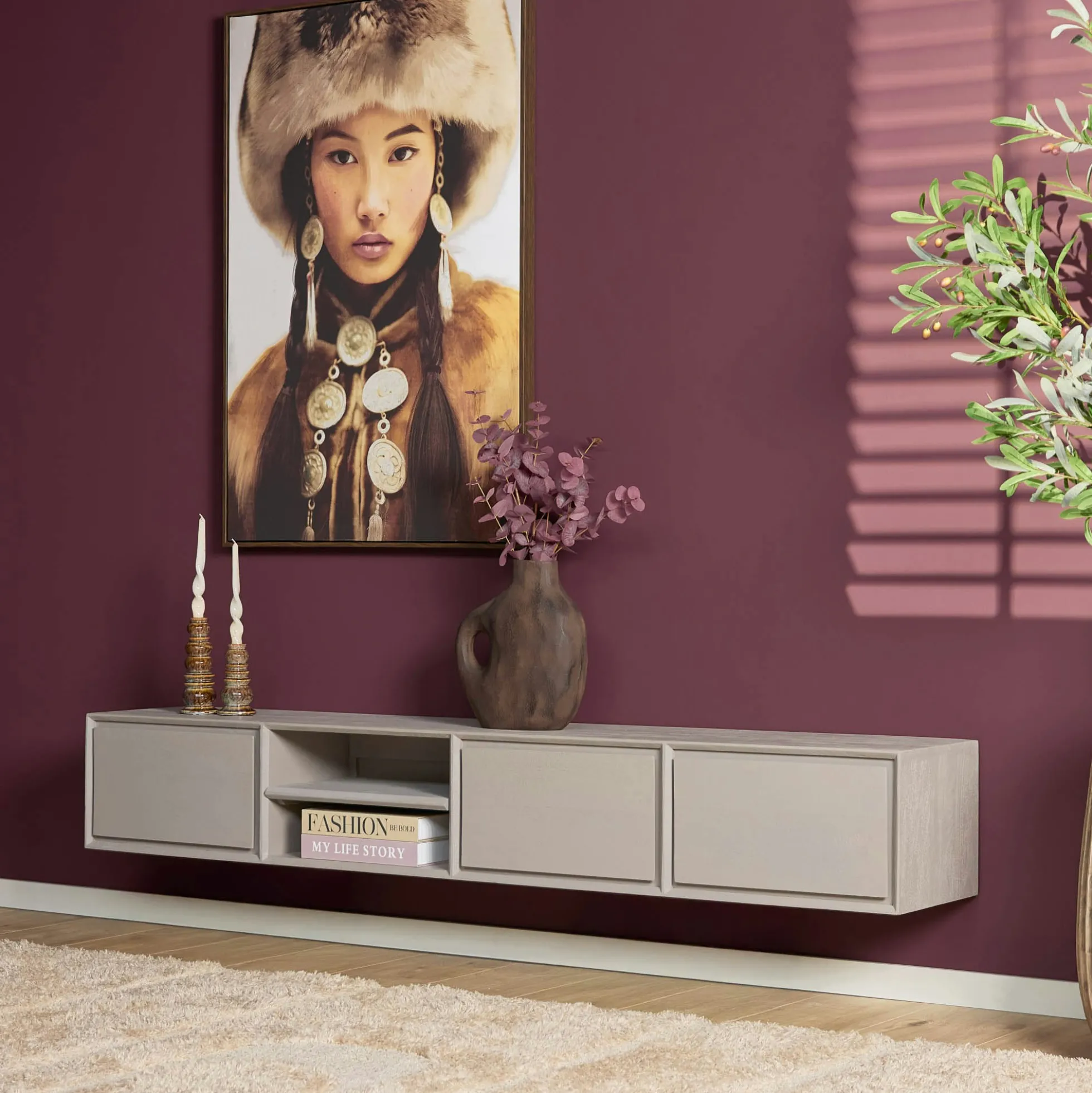 Long meuble TV suspendu bois taupe 3 tiroirs 1 niche 280 cm AERA