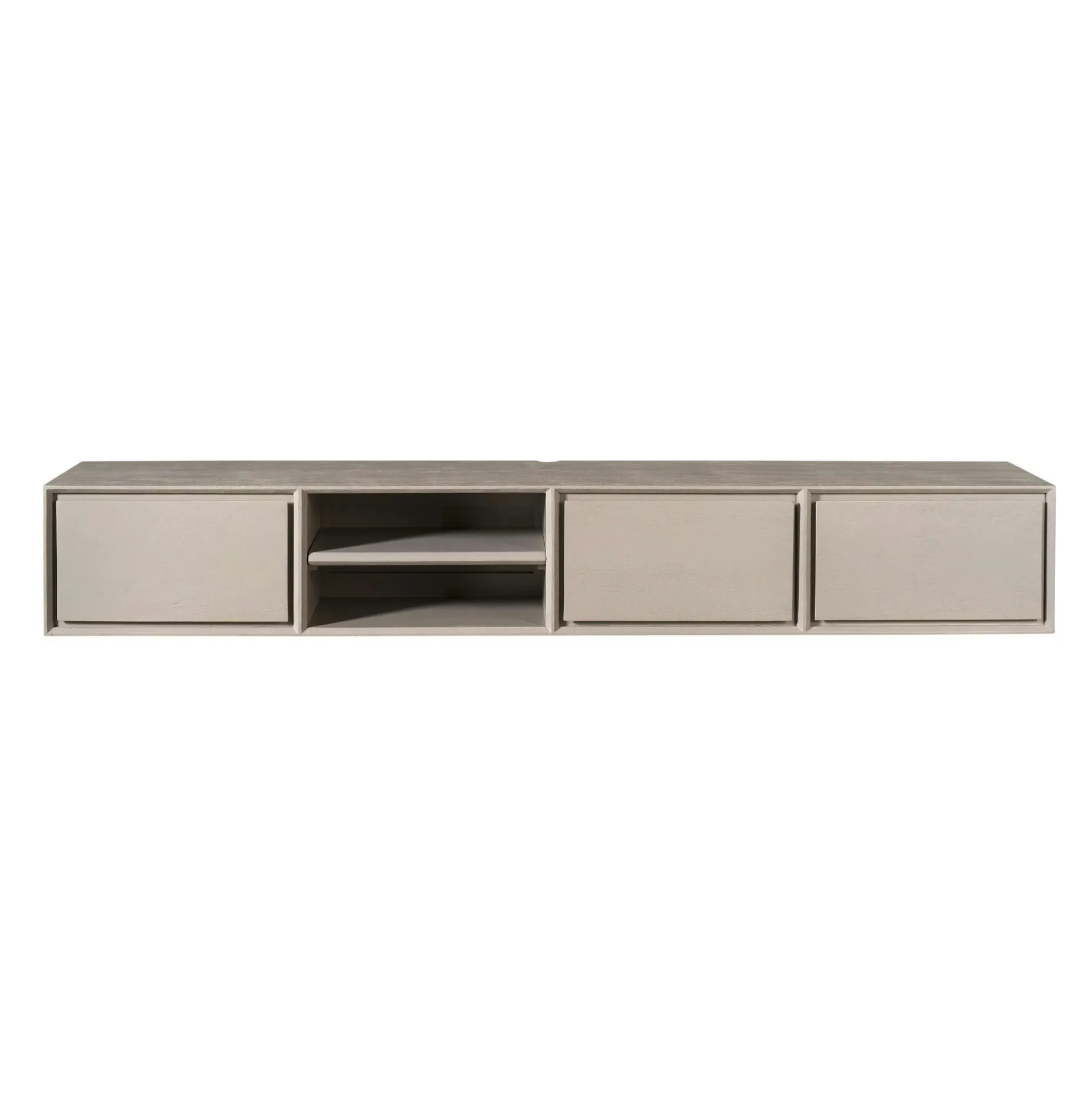 Long meuble TV suspendu bois taupe 3 tiroirs 1 niche 280 cm AERA